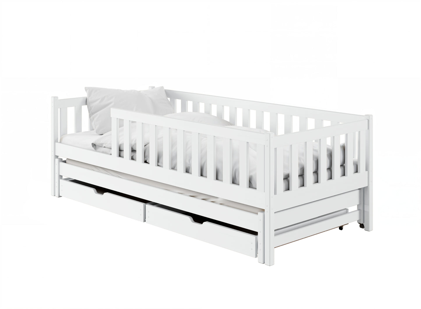 Kinderbett mit Rausfallschutz, Lattenrost und optionaler Matratze, Kinder Bett | sicher & stabil | weitere Größen: 80x160, 80x180, 90x190, 90x200 cm | erhältlich in weiß und natur | mit optionalem Ausziehbett und optionalem zwei Schubladen