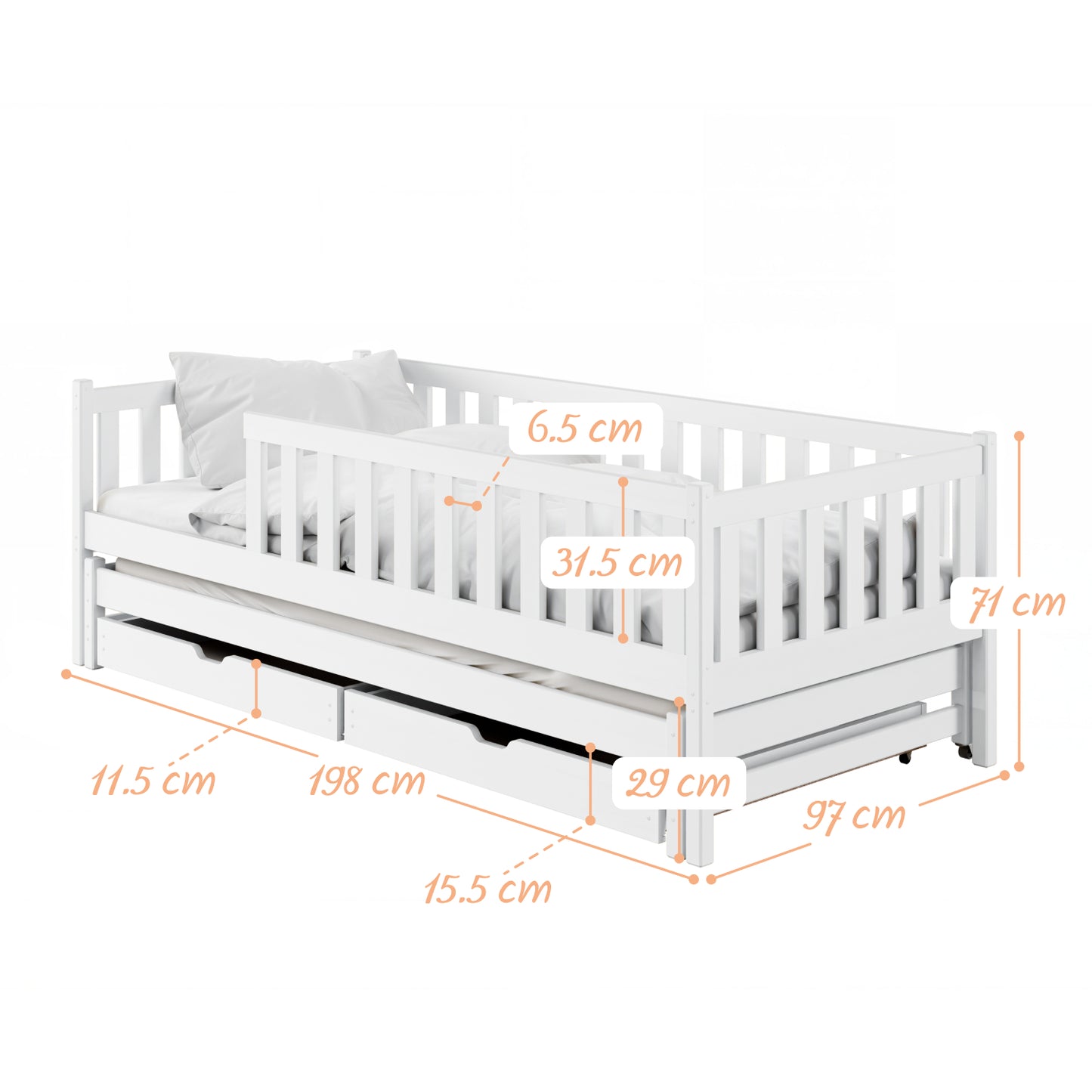 Kinderbett mit Rausfallschutz, Lattenrost und optionaler Matratze, Kinder Bett | sicher & stabil | weitere Größen: 80x160, 80x180, 90x190, 90x200 cm | erhältlich in weiß und natur | mit optionalem Ausziehbett und optionalem zwei Schubladen