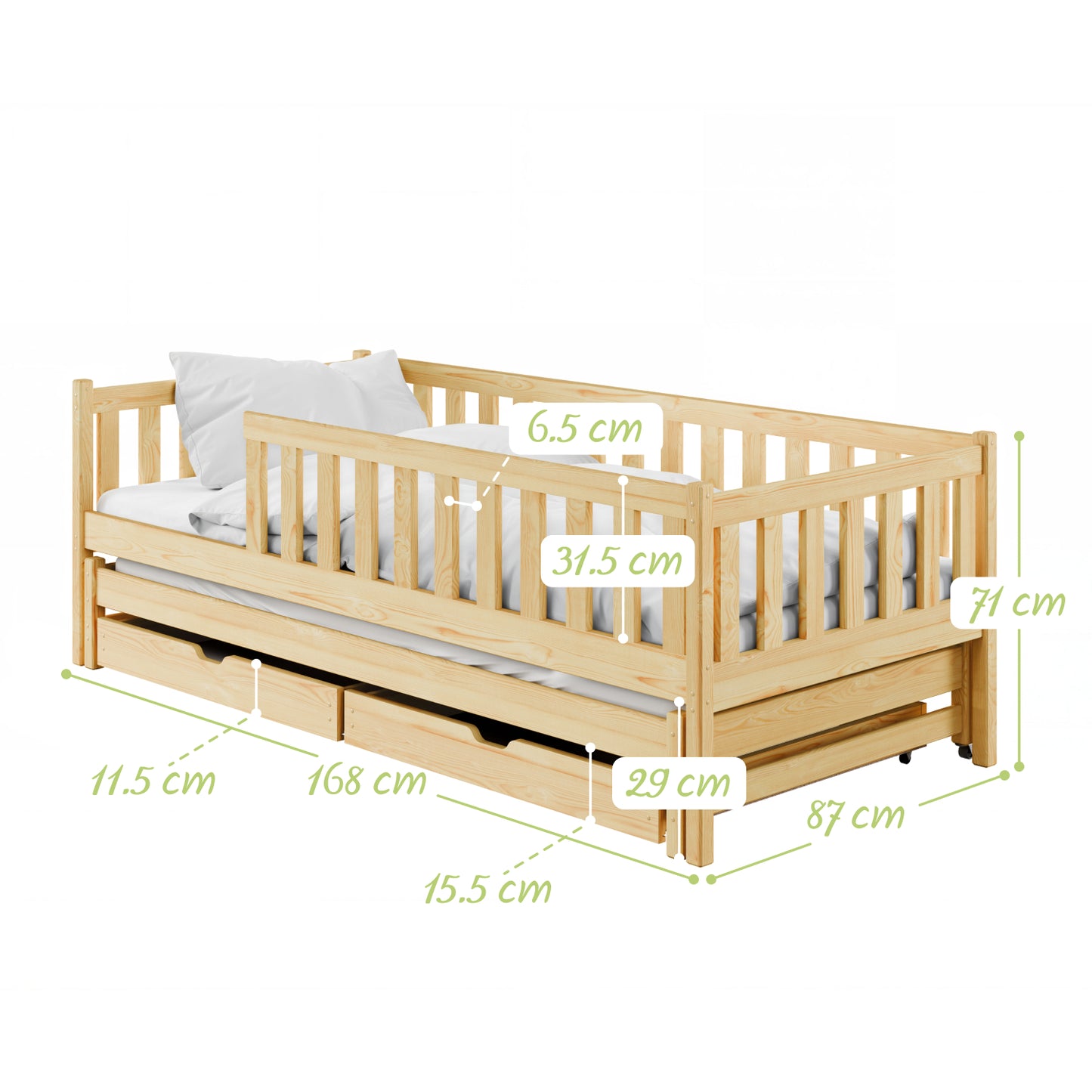 Kinderbett mit Rausfallschutz, Lattenrost und optionaler Matratze, Kinder Bett | sicher & stabil | weitere Größen: 80x160, 80x180, 90x190, 90x200 cm | erhältlich in weiß und natur | mit optionalem Ausziehbett und optionalem zwei Schubladen