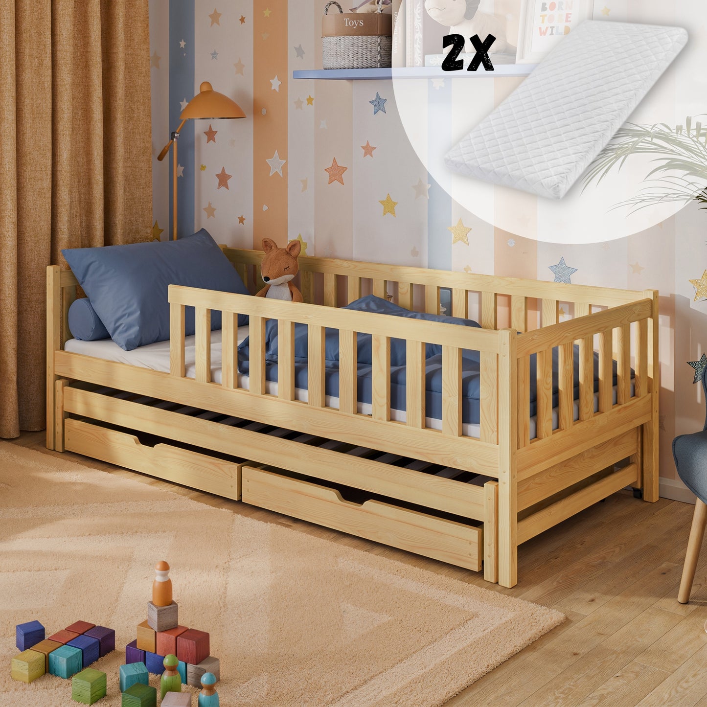 Kinderbett mit Rausfallschutz, Lattenrost und optionaler Matratze, Kinder Bett | sicher & stabil | weitere Größen: 80x160, 80x180, 90x190, 90x200 cm | erhältlich in weiß und natur | mit optionalem Ausziehbett und optionalem zwei Schubladen