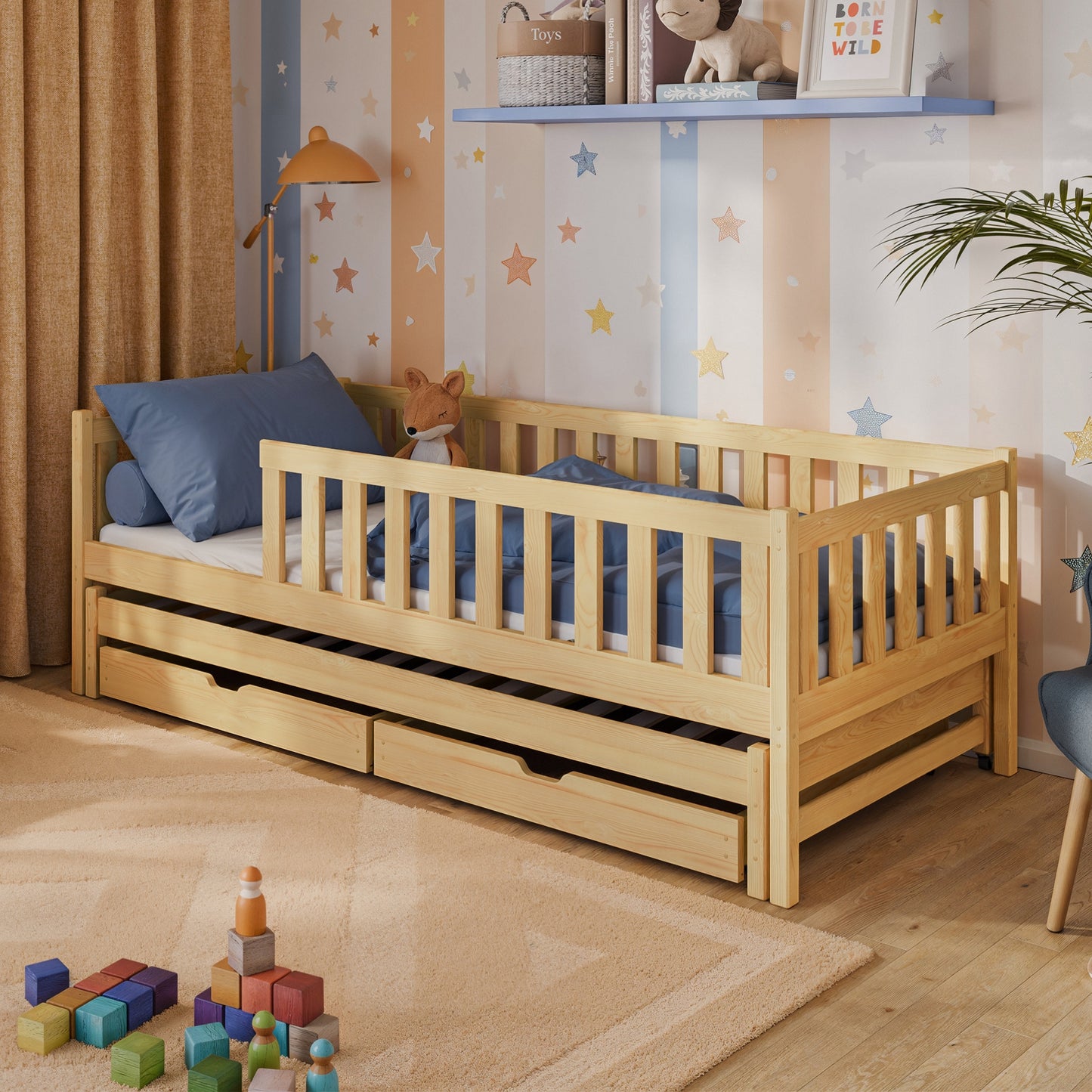 Kinderbett mit Rausfallschutz, Lattenrost und optionaler Matratze, Kinder Bett | sicher & stabil | weitere Größen: 80x160, 80x180, 90x190, 90x200 cm | erhältlich in weiß und natur | mit optionalem Ausziehbett und optionalem zwei Schubladen