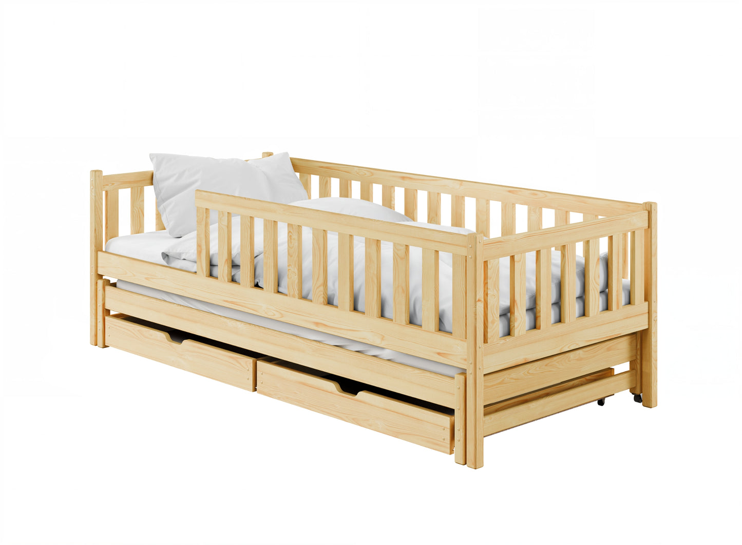 Kinderbett mit Rausfallschutz, Lattenrost und optionaler Matratze, Kinder Bett | sicher & stabil | weitere Größen: 80x160, 80x180, 90x190, 90x200 cm | erhältlich in weiß und natur | mit optionalem Ausziehbett und optionalem zwei Schubladen