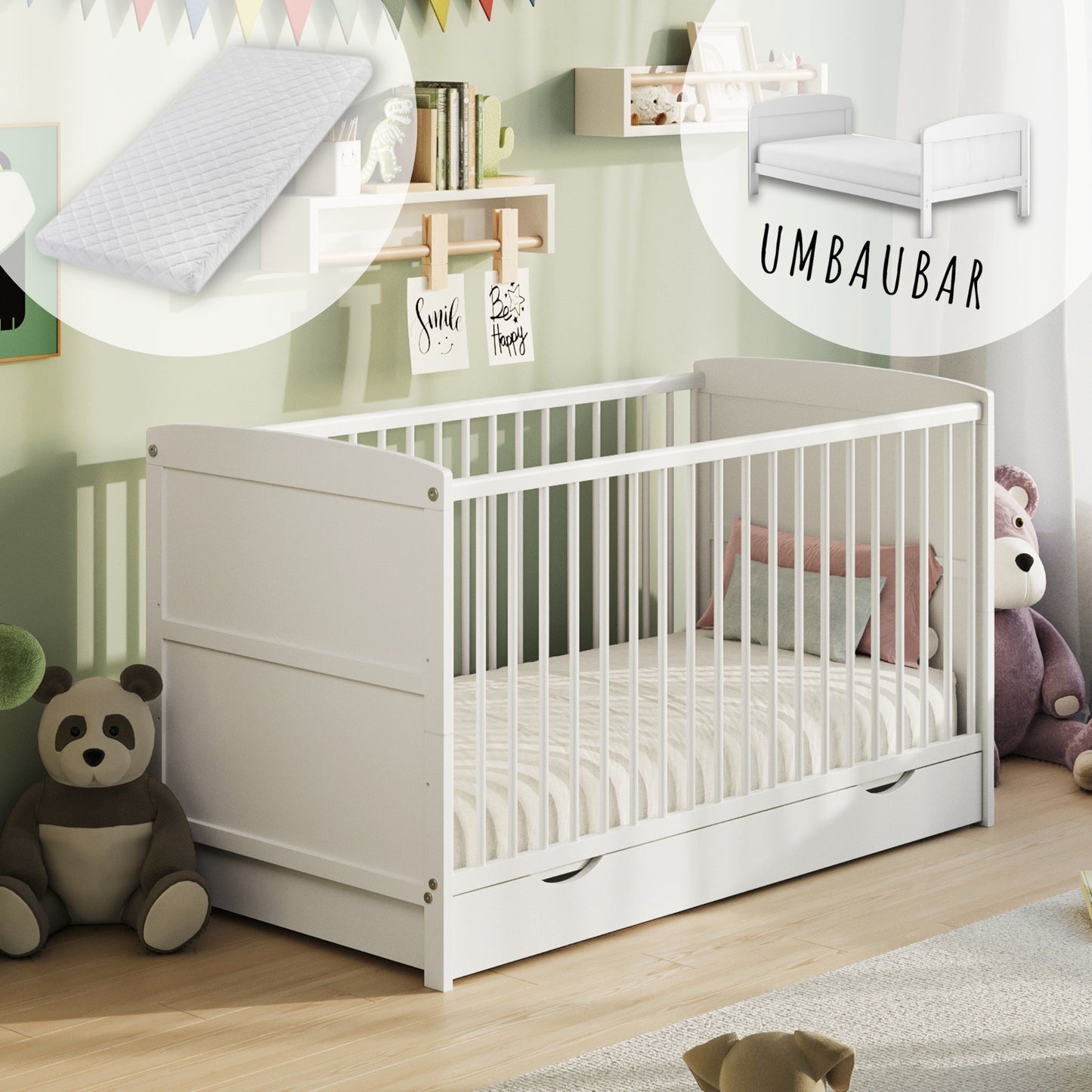 Babybett 60x120 und 70x140 mit Schublade, Gitterbett, Kinderbett, höhenverstellbar & herausnehmbare Sprossen optional mit Matratze | Weiß