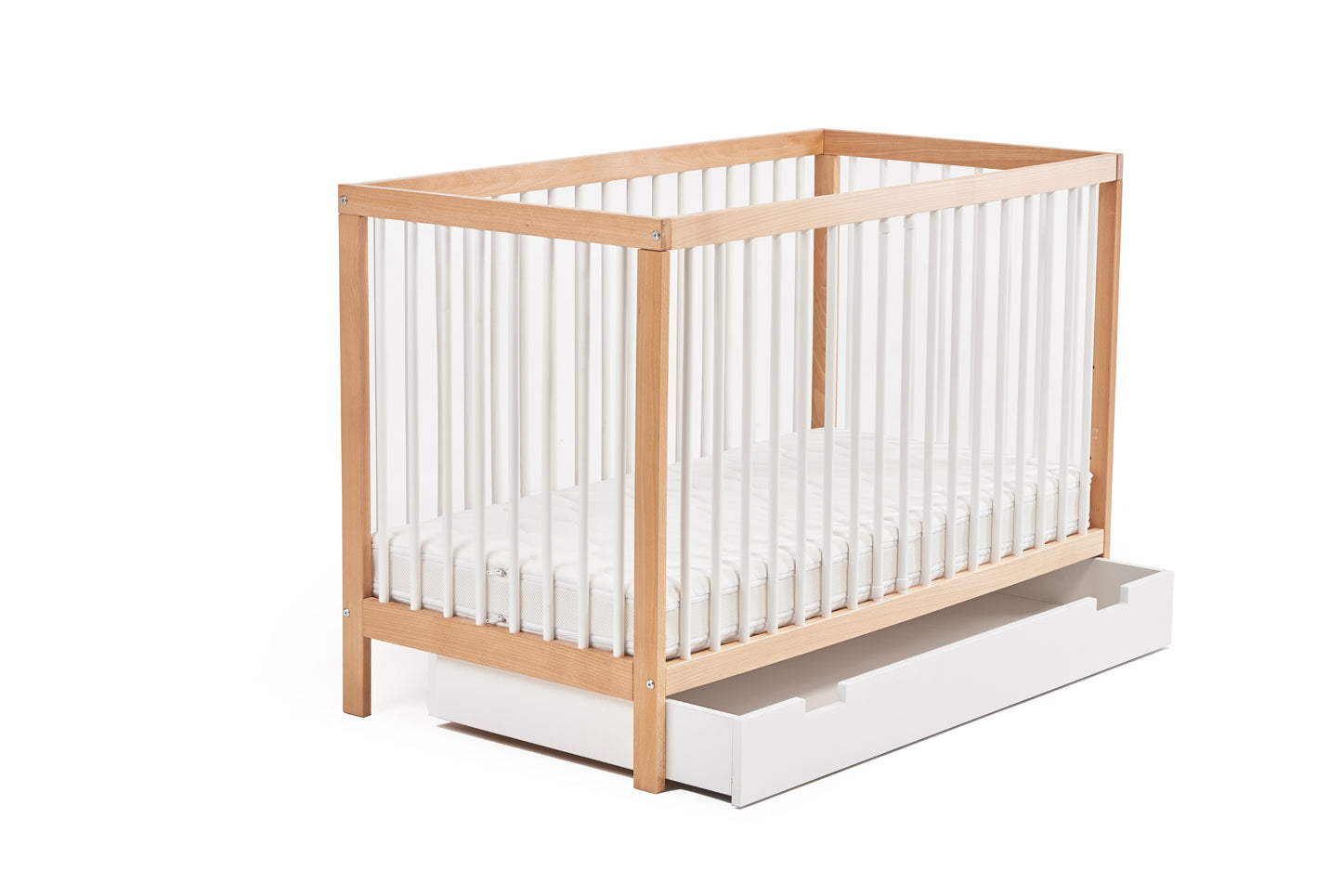 Lit bébé lit bébé 60x120 | Barreaux de 70 x 140 cm réglables en hauteur et amovibles, en option avec tiroir et matelas | Bois de hêtre blanc ou naturel très stable Fabriqué en Europe