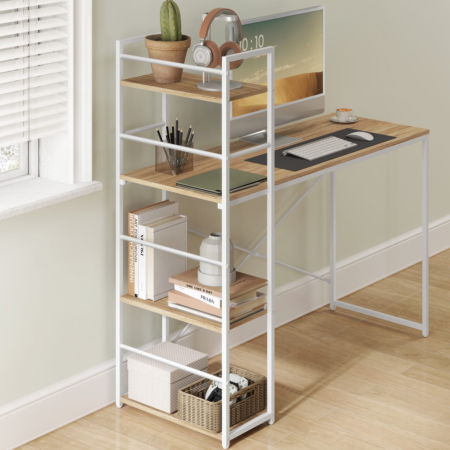 Schreibtisch mit Regal Computertisch mit Stauraum für Homeoffice PC Tisch Bürotisch Arbeitstisch mit Bücherregal | Maße Tisch: 120x44x76 cm (BxTxH)
