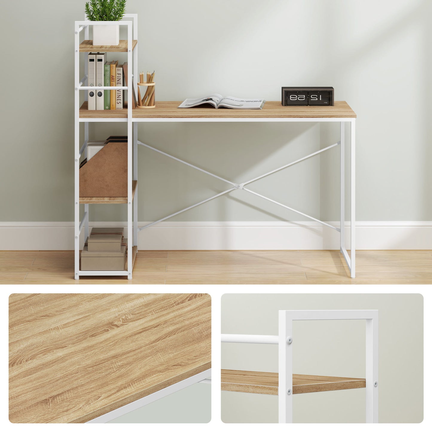 Schreibtisch mit Regal Computertisch mit Stauraum für Homeoffice PC Tisch Bürotisch Arbeitstisch mit Bücherregal | Maße Tisch: 120x44x76 cm (BxTxH)