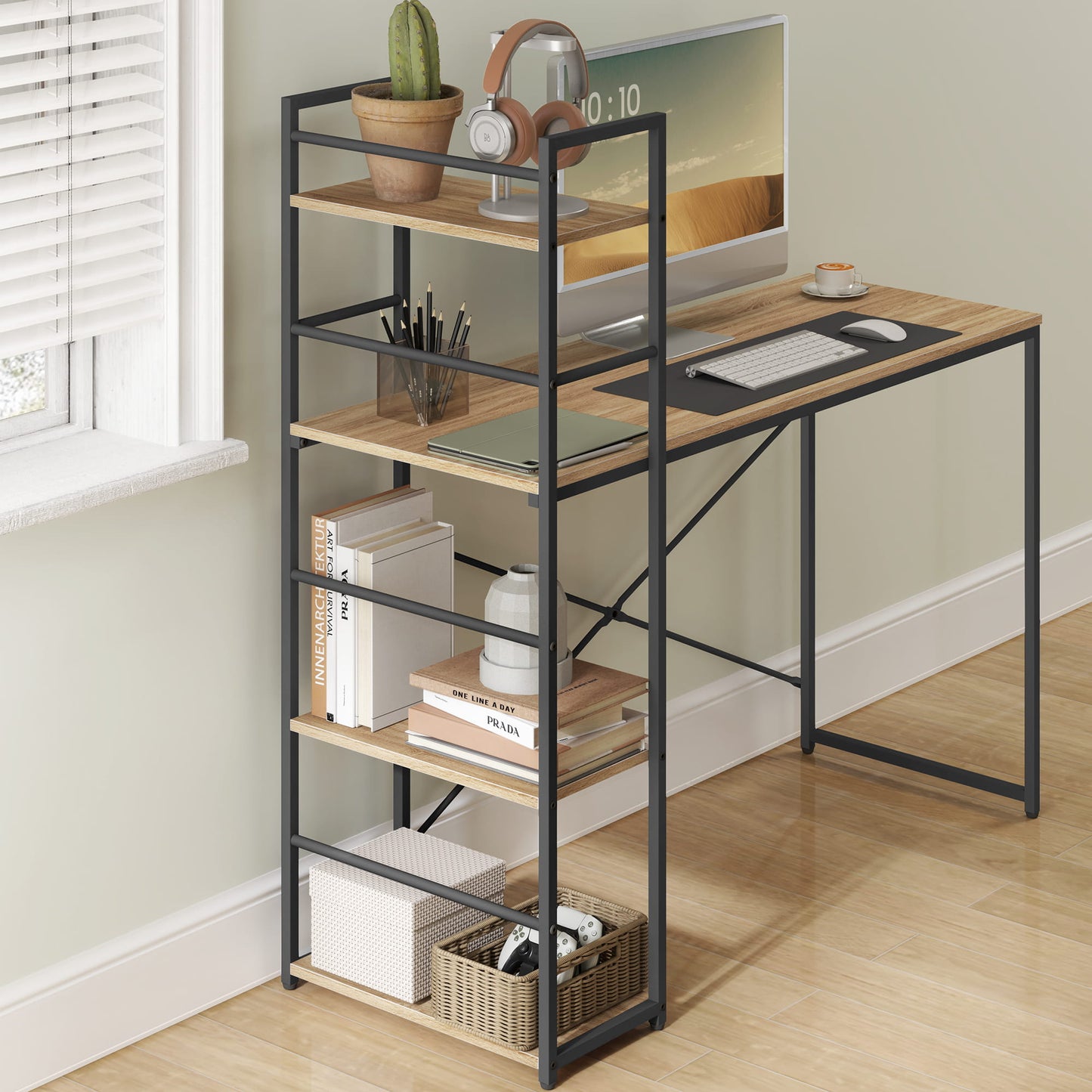 Schreibtisch mit Regal Computertisch mit Stauraum für Homeoffice PC Tisch Bürotisch Arbeitstisch mit Bücherregal | Maße Tisch: 120x44x76 cm (BxTxH)