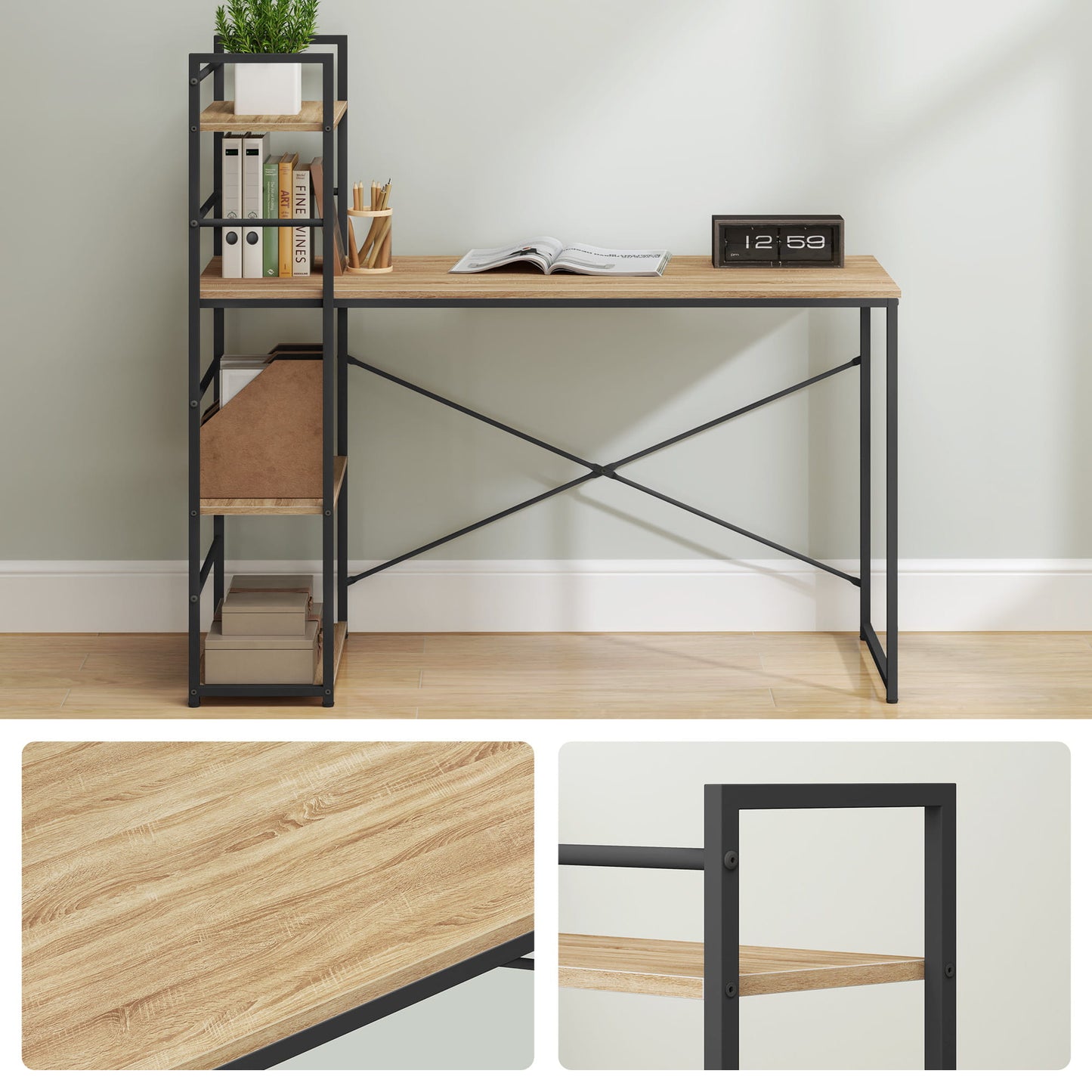 Schreibtisch mit Regal Computertisch mit Stauraum für Homeoffice PC Tisch Bürotisch Arbeitstisch mit Bücherregal | Maße Tisch: 120x44x76 cm (BxTxH)
