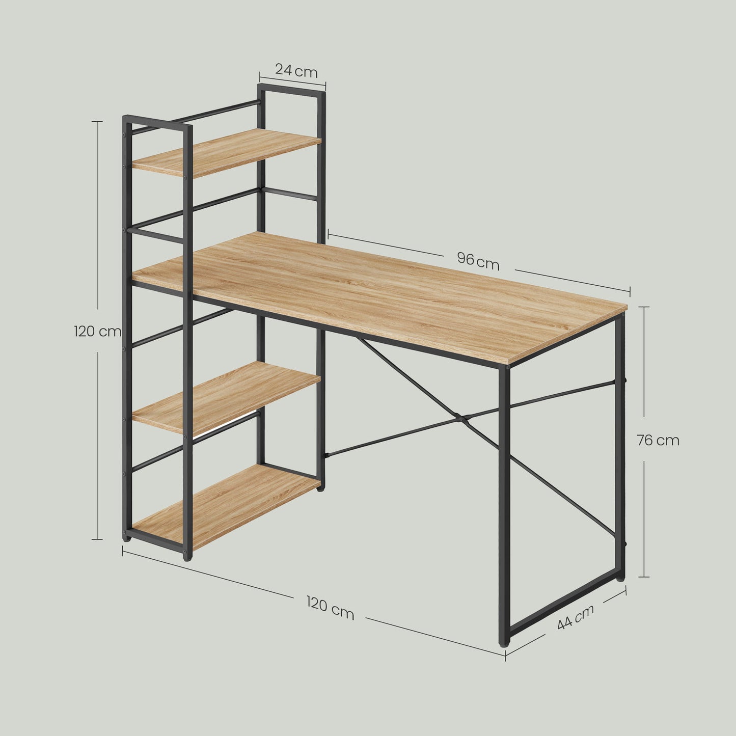 Schreibtisch mit Regal Computertisch mit Stauraum für Homeoffice PC Tisch Bürotisch Arbeitstisch mit Bücherregal | Maße Tisch: 120x44x76 cm (BxTxH)