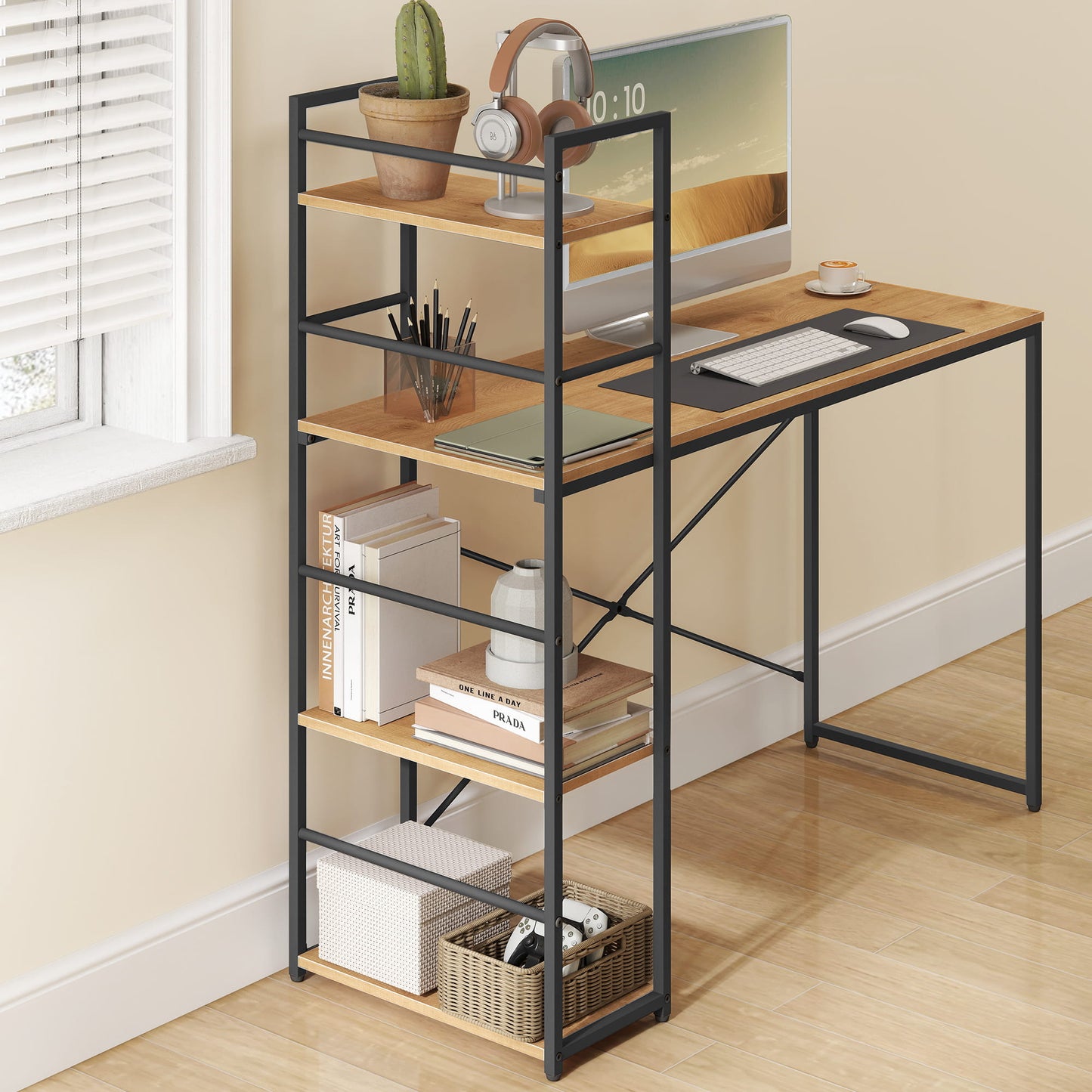 Schreibtisch mit Regal Computertisch mit Stauraum für Homeoffice PC Tisch Bürotisch Arbeitstisch mit Bücherregal | Maße Tisch: 120x44x76 cm (BxTxH)