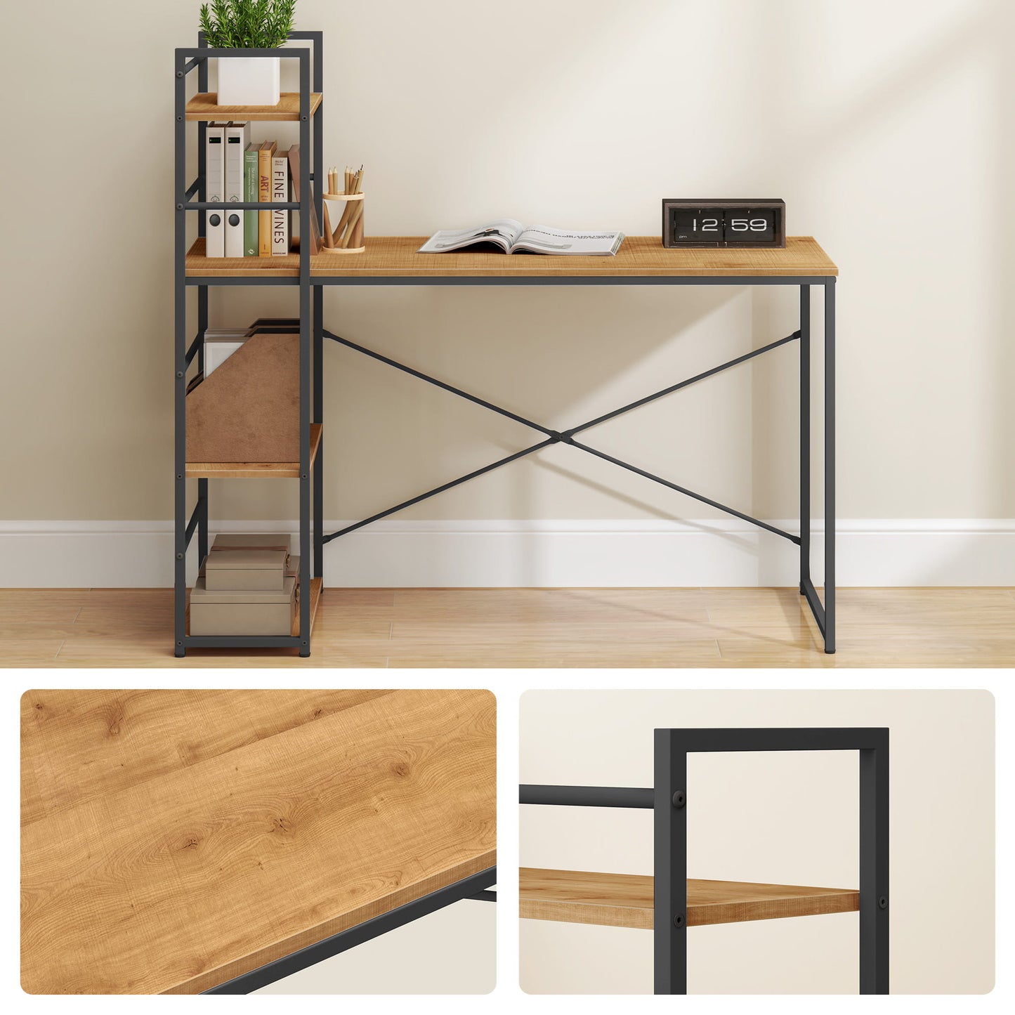 Schreibtisch mit Regal Computertisch mit Stauraum für Homeoffice PC Tisch Bürotisch Arbeitstisch mit Bücherregal | Maße Tisch: 120x44x76 cm (BxTxH)
