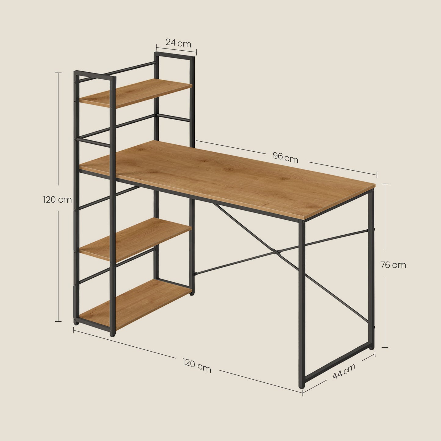 Schreibtisch mit Regal Computertisch mit Stauraum für Homeoffice PC Tisch Bürotisch Arbeitstisch mit Bücherregal | Maße Tisch: 120x44x76 cm (BxTxH)