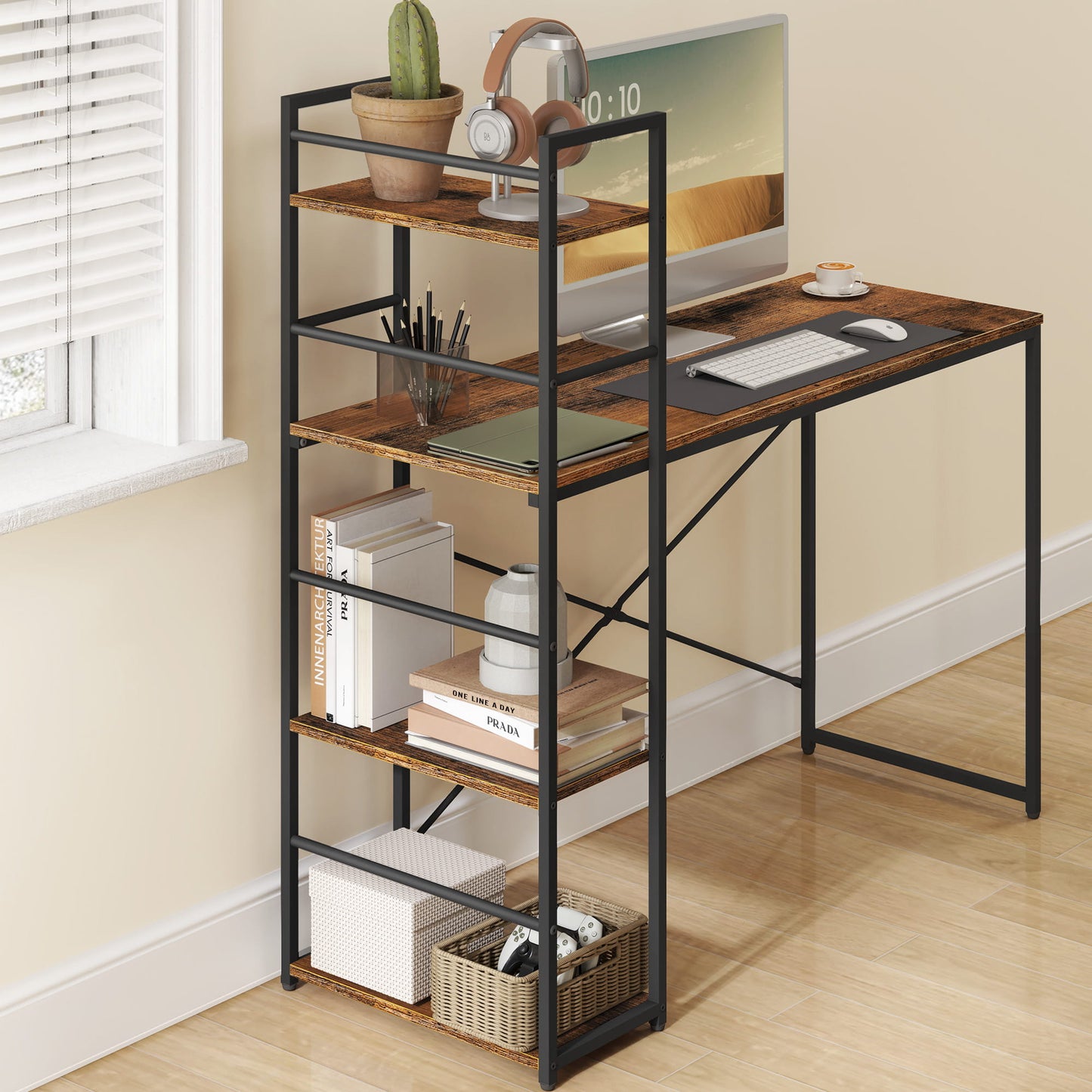 Schreibtisch mit Regal Computertisch mit Stauraum für Homeoffice PC Tisch Bürotisch Arbeitstisch mit Bücherregal | Maße Tisch: 120x44x76 cm (BxTxH)