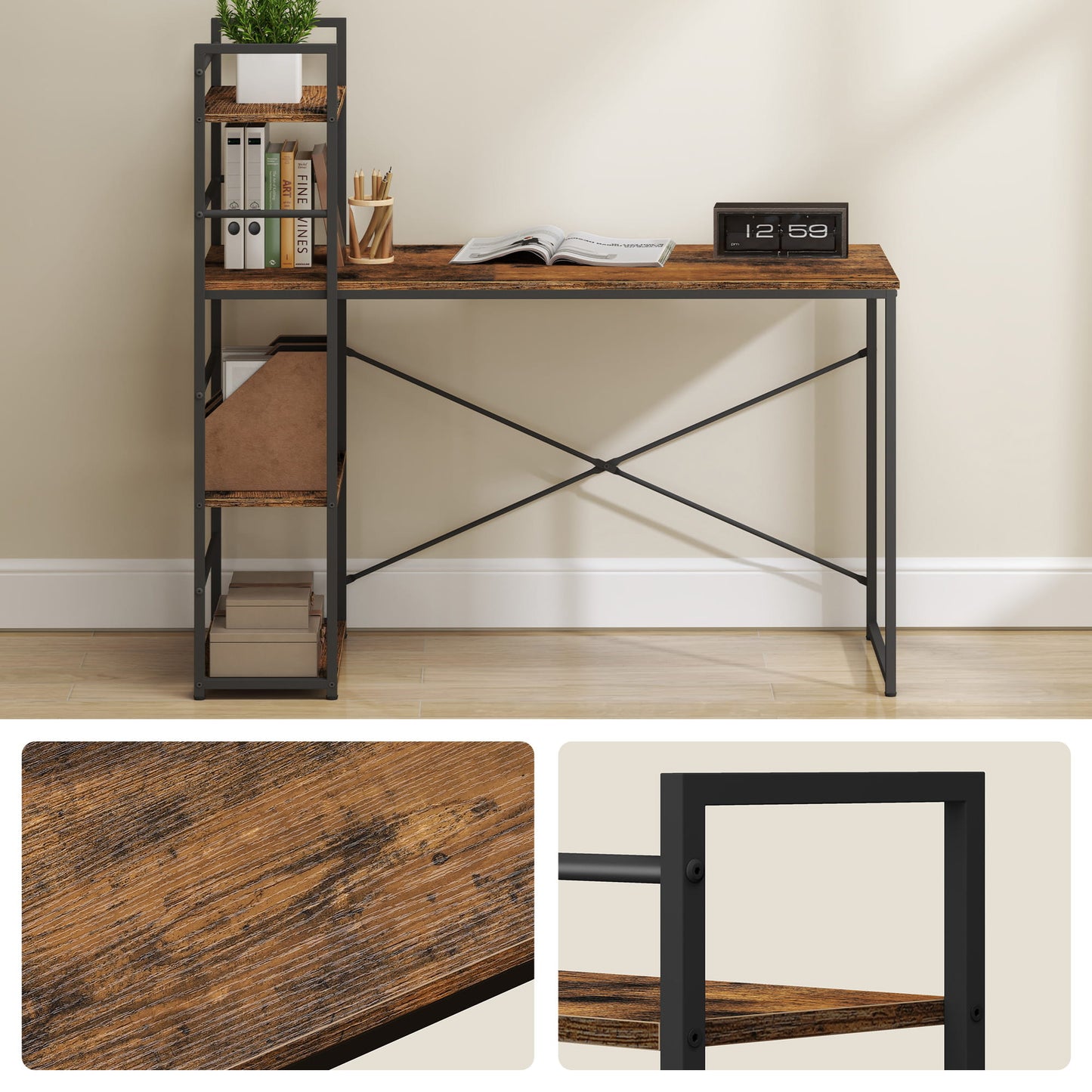 Schreibtisch mit Regal Computertisch mit Stauraum für Homeoffice PC Tisch Bürotisch Arbeitstisch mit Bücherregal | Maße Tisch: 120x44x76 cm (BxTxH)