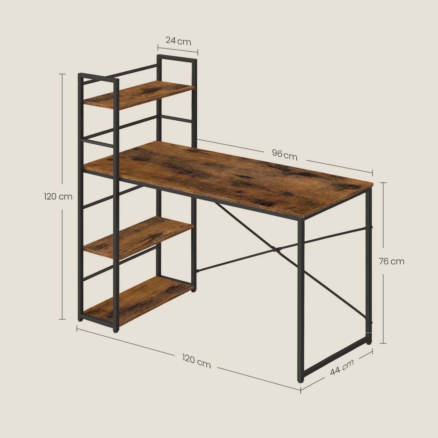 Schreibtisch mit Regal Computertisch mit Stauraum für Homeoffice PC Tisch Bürotisch Arbeitstisch mit Bücherregal | Maße Tisch: 120x44x76 cm (BxTxH)