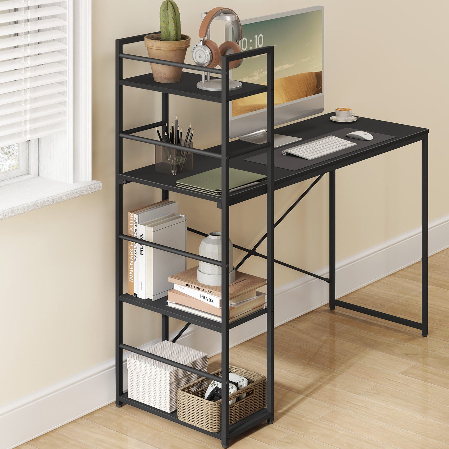 Schreibtisch mit Regal Computertisch mit Stauraum für Homeoffice PC Tisch Bürotisch Arbeitstisch mit Bücherregal | Maße Tisch: 120x44x76 cm (BxTxH)