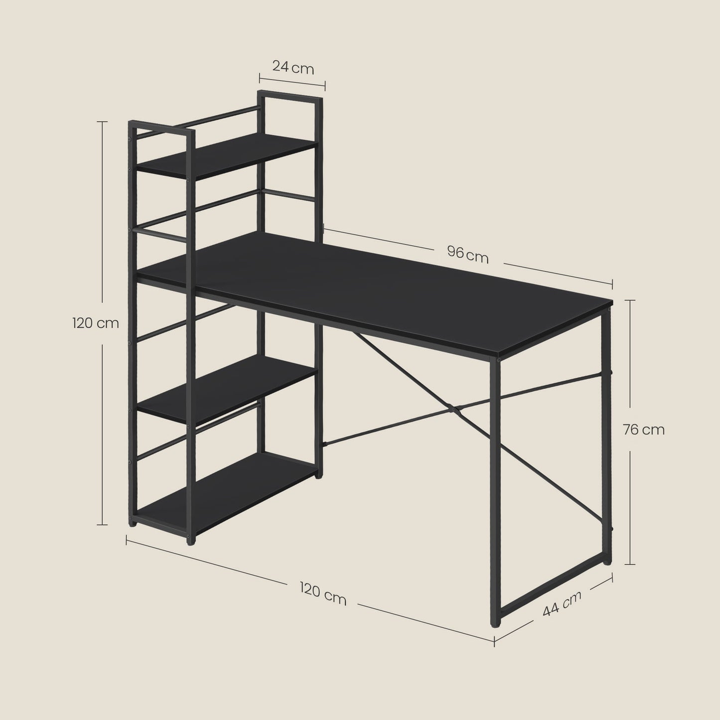Schreibtisch mit Regal Computertisch mit Stauraum für Homeoffice PC Tisch Bürotisch Arbeitstisch mit Bücherregal | Maße Tisch: 120x44x76 cm (BxTxH)