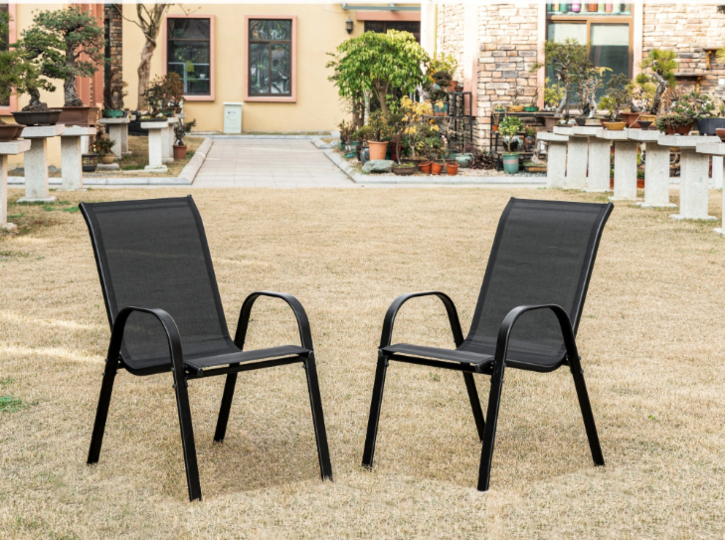 4er Set Gartenstühle, stapelbar, Hochlehner Gartenstühle, Terrassenmöbel, stapelbare Gartenstühle, Balkonstühle, Outdoorstühle | Textilene-Sitzfläche & Metallbeine | 56x43x91cm (BxTxH)