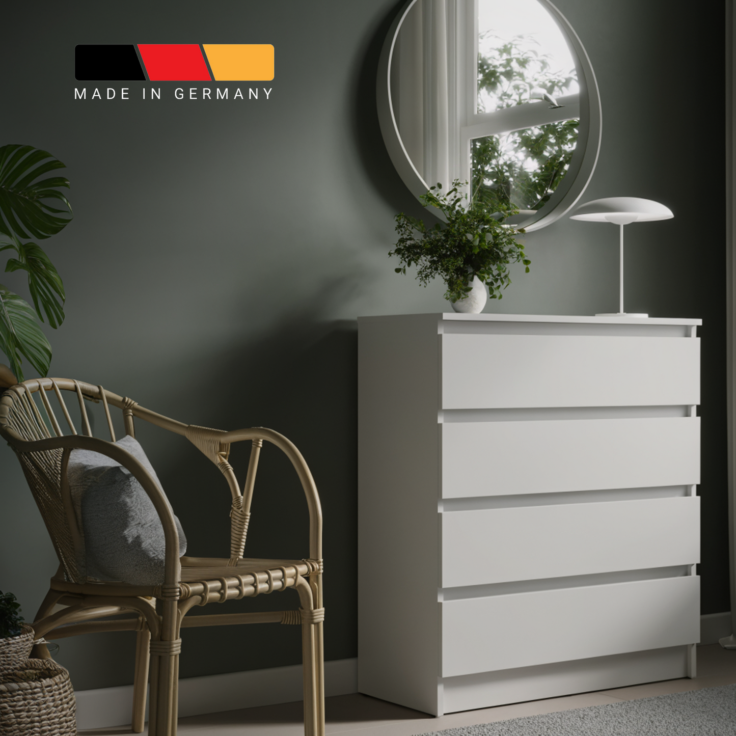 Kommode 76cm breit mit 4 Schubladen Kommode weiß schmal Holz Schrank Kommode mit Schubladen Sideboard Highboard Anrichte Schlafzimmer Wohnzimmer Flur Büro Organizer Breite 76 cm Höhe 87 cm