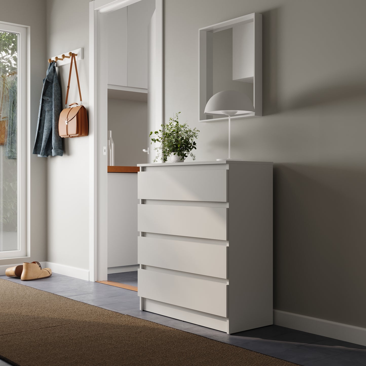 Kommode 76cm breit mit 4 Schubladen Kommode weiß schmal Holz Schrank Kommode mit Schubladen Sideboard Highboard Anrichte Schlafzimmer Wohnzimmer Flur Büro Organizer Breite 76 cm Höhe 87 cm