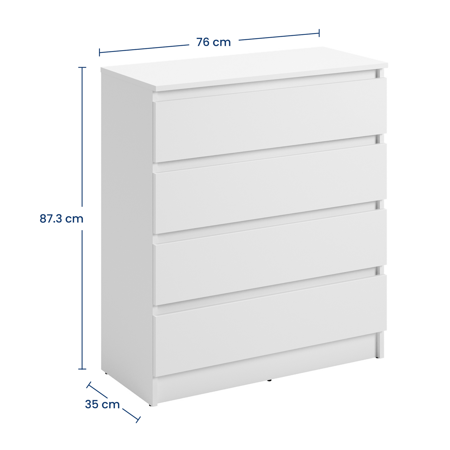Kommode 76cm breit mit 4 Schubladen Kommode weiß schmal Holz Schrank Kommode mit Schubladen Sideboard Highboard Anrichte Schlafzimmer Wohnzimmer Flur Büro Organizer Breite 76 cm Höhe 87 cm