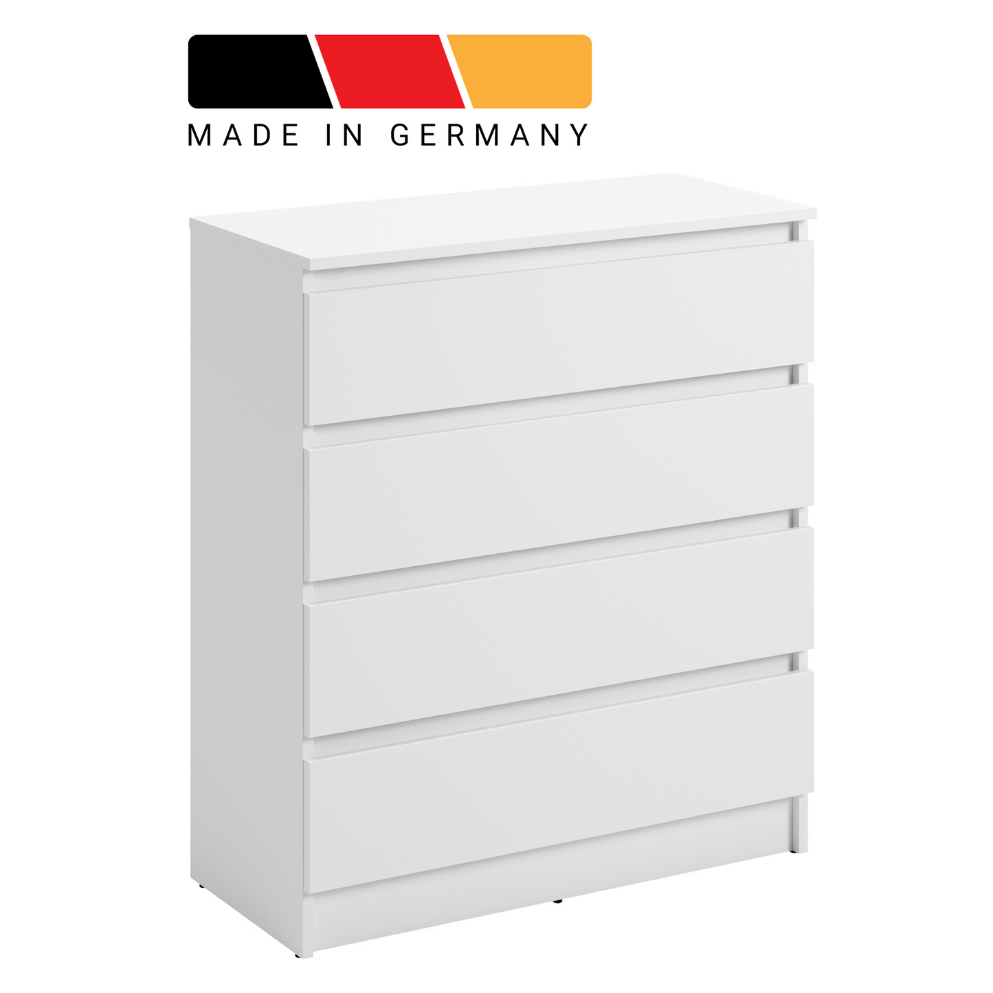 Kommode 76cm breit mit 4 Schubladen Kommode weiß schmal Holz Schrank Kommode mit Schubladen Sideboard Highboard Anrichte Schlafzimmer Wohnzimmer Flur Büro Organizer Breite 76 cm Höhe 87 cm