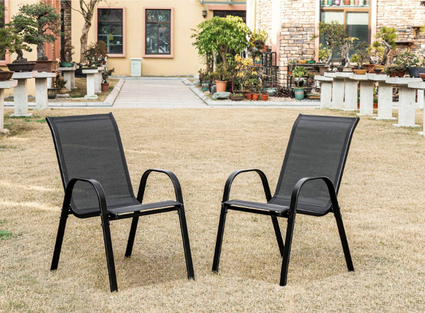 4er Set Gartenstühle, stapelbar, Hochlehner Gartenstühle, Terrassenmöbel, stapelbare Gartenstühle, Balkonstühle, Outdoorstühle | Textilene-Sitzfläche & Metallbeine | 56x43x91cm (BxTxH)
