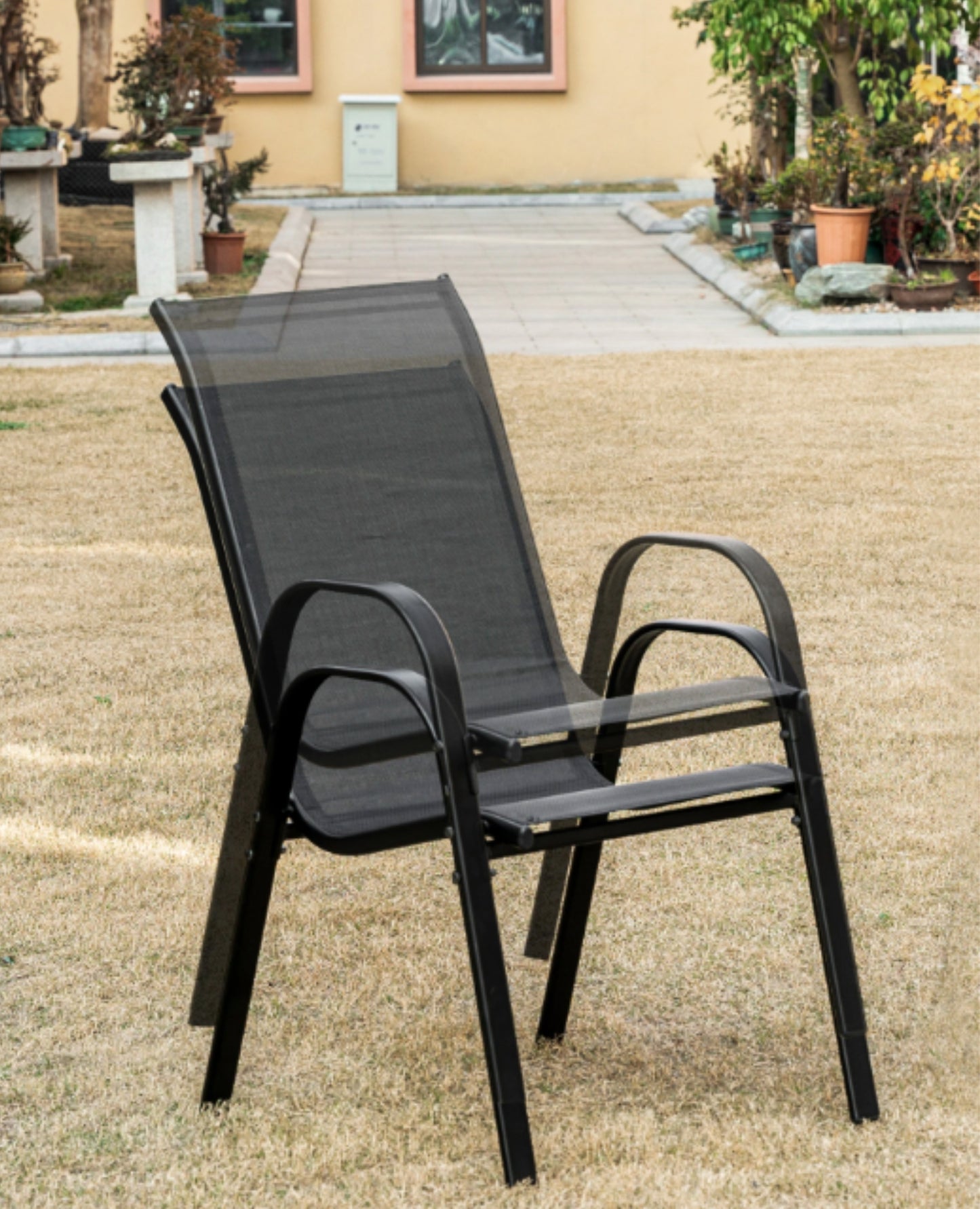4er Set Gartenstühle, stapelbar, Hochlehner Gartenstühle, Terrassenmöbel, stapelbare Gartenstühle, Balkonstühle, Outdoorstühle | Textilene-Sitzfläche & Metallbeine | 56x43x91cm (BxTxH)