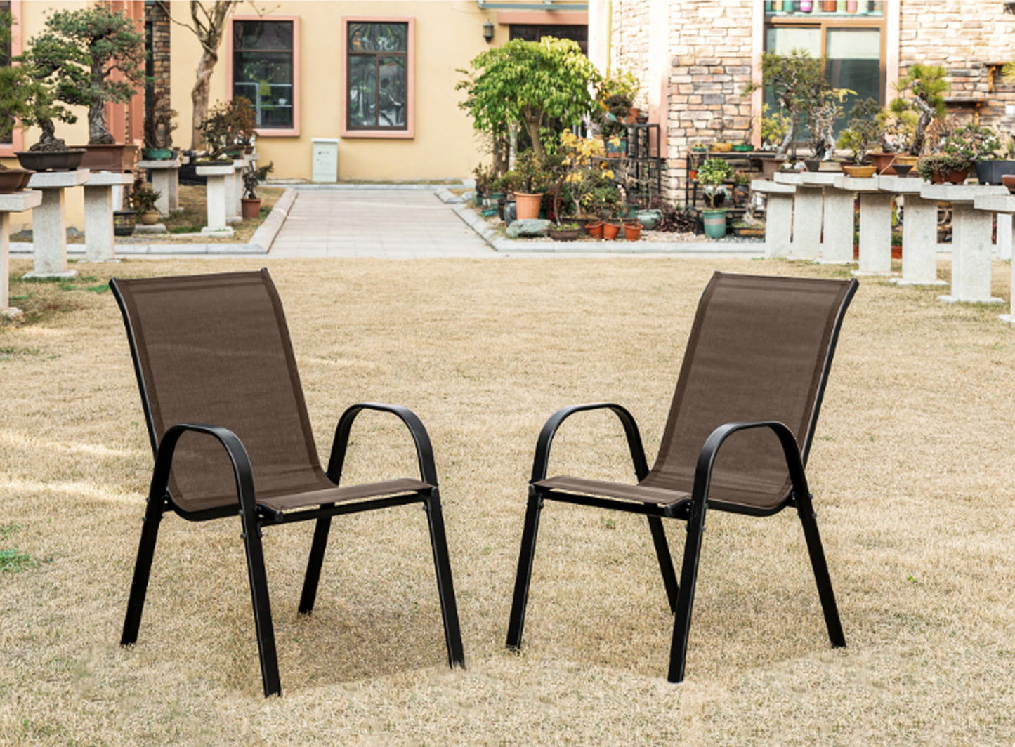 4er Set Gartenstühle, stapelbar, Hochlehner Gartenstühle, Terrassenmöbel, stapelbare Gartenstühle, Balkonstühle, Outdoorstühle | Textilene-Sitzfläche & Metallbeine | 56x43x91cm (BxTxH)
