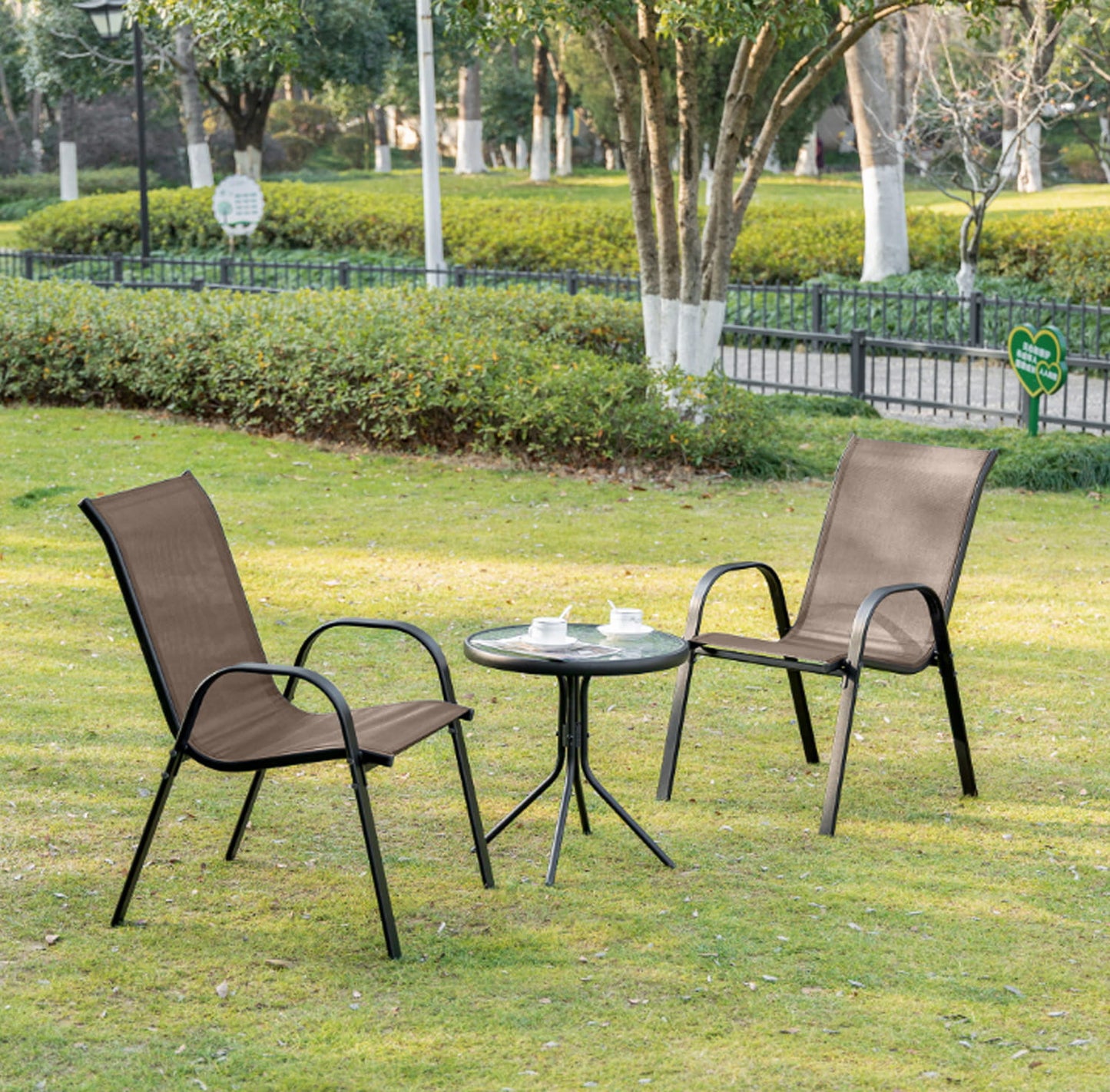 4er Set Gartenstühle, stapelbar, Hochlehner Gartenstühle, Terrassenmöbel, stapelbare Gartenstühle, Balkonstühle, Outdoorstühle | Textilene-Sitzfläche & Metallbeine | 56x43x91cm (BxTxH)