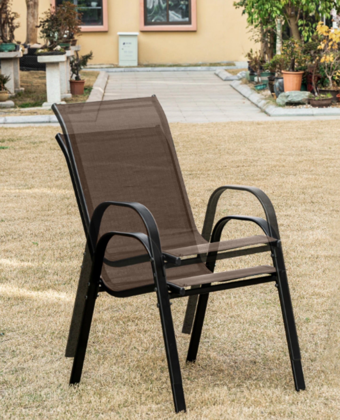 4er Set Gartenstühle, stapelbar, Hochlehner Gartenstühle, Terrassenmöbel, stapelbare Gartenstühle, Balkonstühle, Outdoorstühle | Textilene-Sitzfläche & Metallbeine | 56x43x91cm (BxTxH)