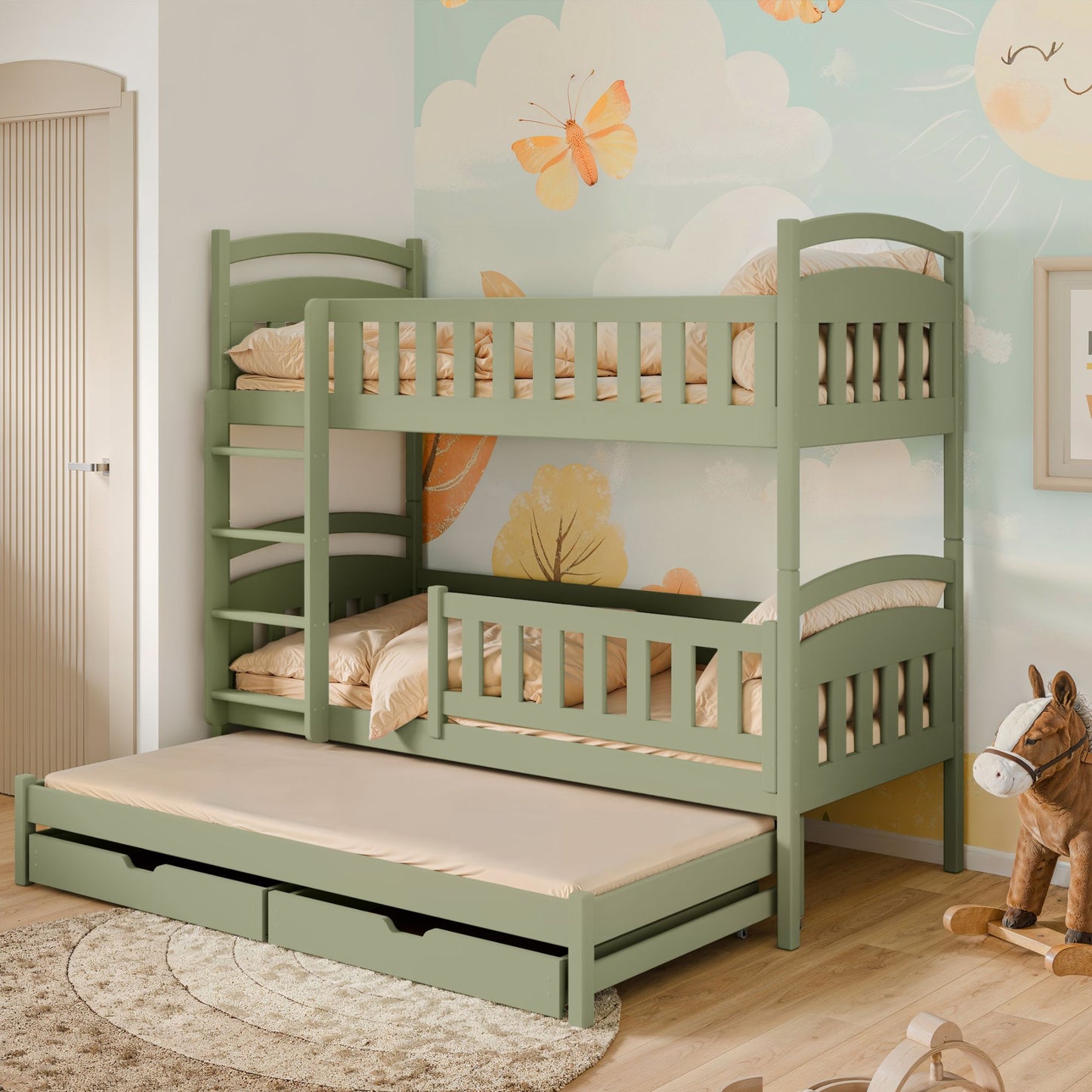 Hochbett 90x200 Etagenbett Kinderbett Jugendbett Stockbett 3 Kinder, zwei Schubladen & Rausfallschutz Kinder Bett umbaubar in 3 Einzelbetten | von 4. bis 16. Lebensjahr | inkl. Lattenrosten