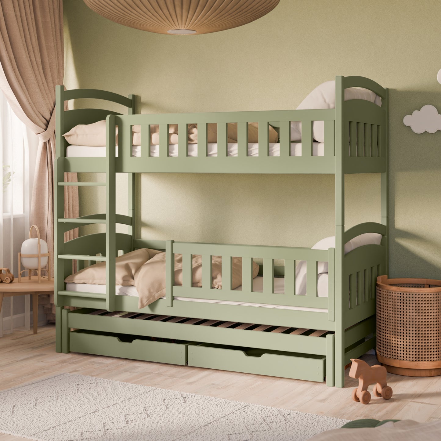 Hochbett 90x200 Etagenbett Kinderbett Jugendbett Stockbett 3 Kinder, zwei Schubladen & Rausfallschutz Kinder Bett umbaubar in 3 Einzelbetten | von 4. bis 18. Lebensjahr | inkl. Lattenrosten