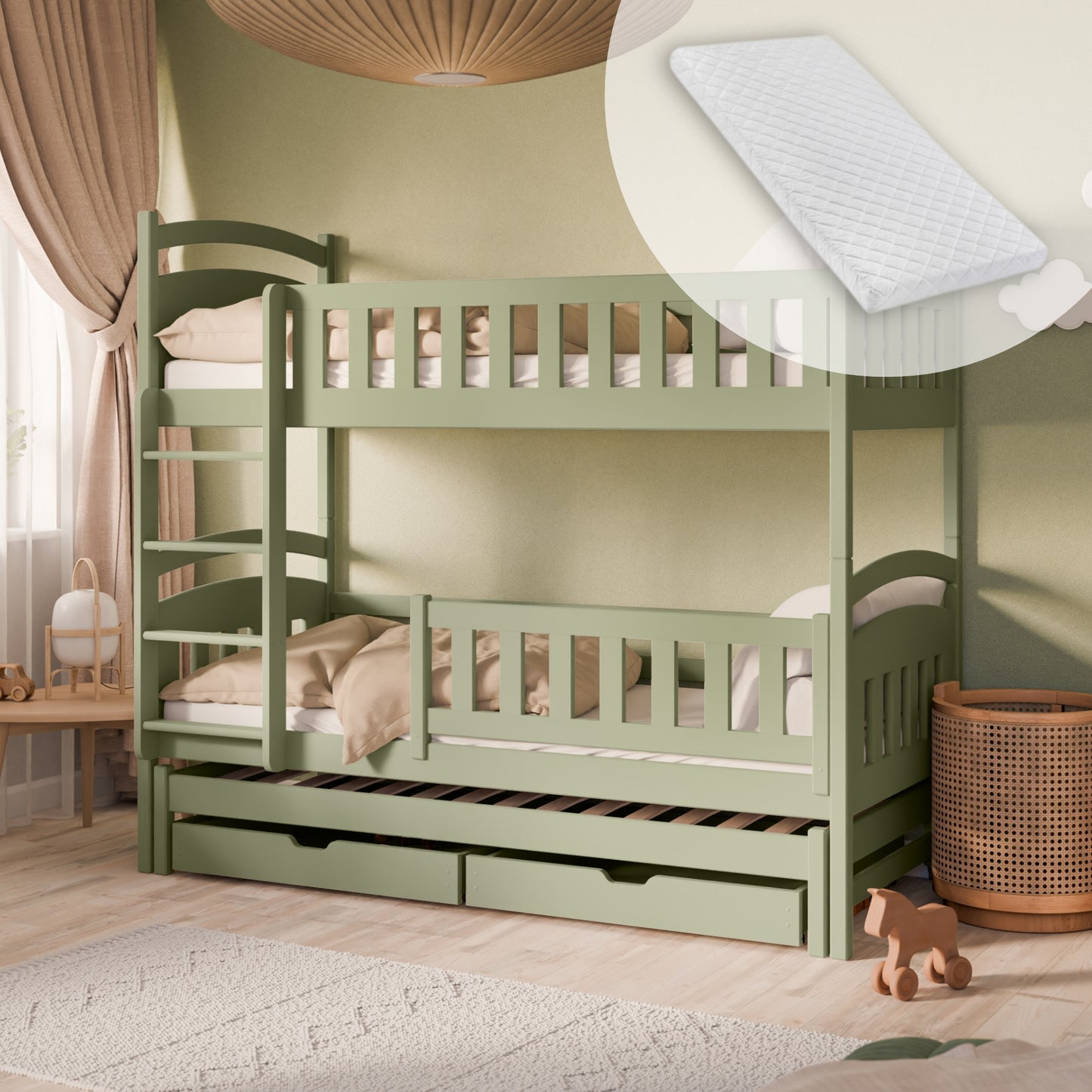 Hochbett 90x200 Etagenbett Kinderbett Jugendbett Stockbett 3 Kinder, zwei Schubladen & Rausfallschutz Kinder Bett umbaubar in 3 Einzelbetten | von 4. bis 18. Lebensjahr | inkl. Lattenrosten