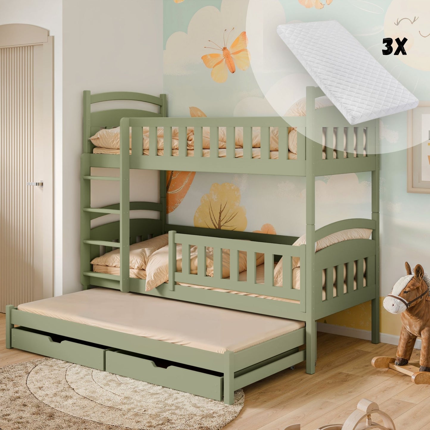 Hochbett 90x200 Etagenbett Kinderbett Jugendbett Stockbett 3 Kinder, zwei Schubladen & Rausfallschutz Kinder Bett umbaubar in 3 Einzelbetten | von 4. bis 18. Lebensjahr | inkl. Lattenrosten