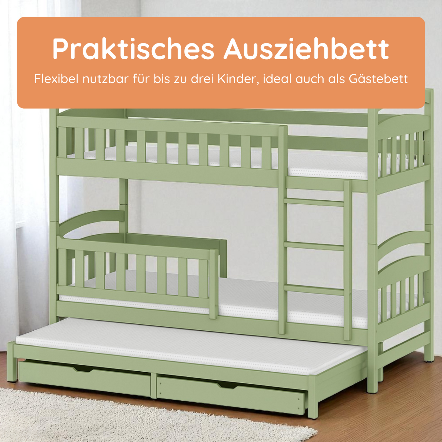 Hochbett 90x200 Etagenbett Kinderbett Jugendbett Stockbett 3 Kinder, zwei Schubladen & Rausfallschutz Kinder Bett umbaubar in 3 Einzelbetten | von 4. bis 18. Lebensjahr | inkl. Lattenrosten