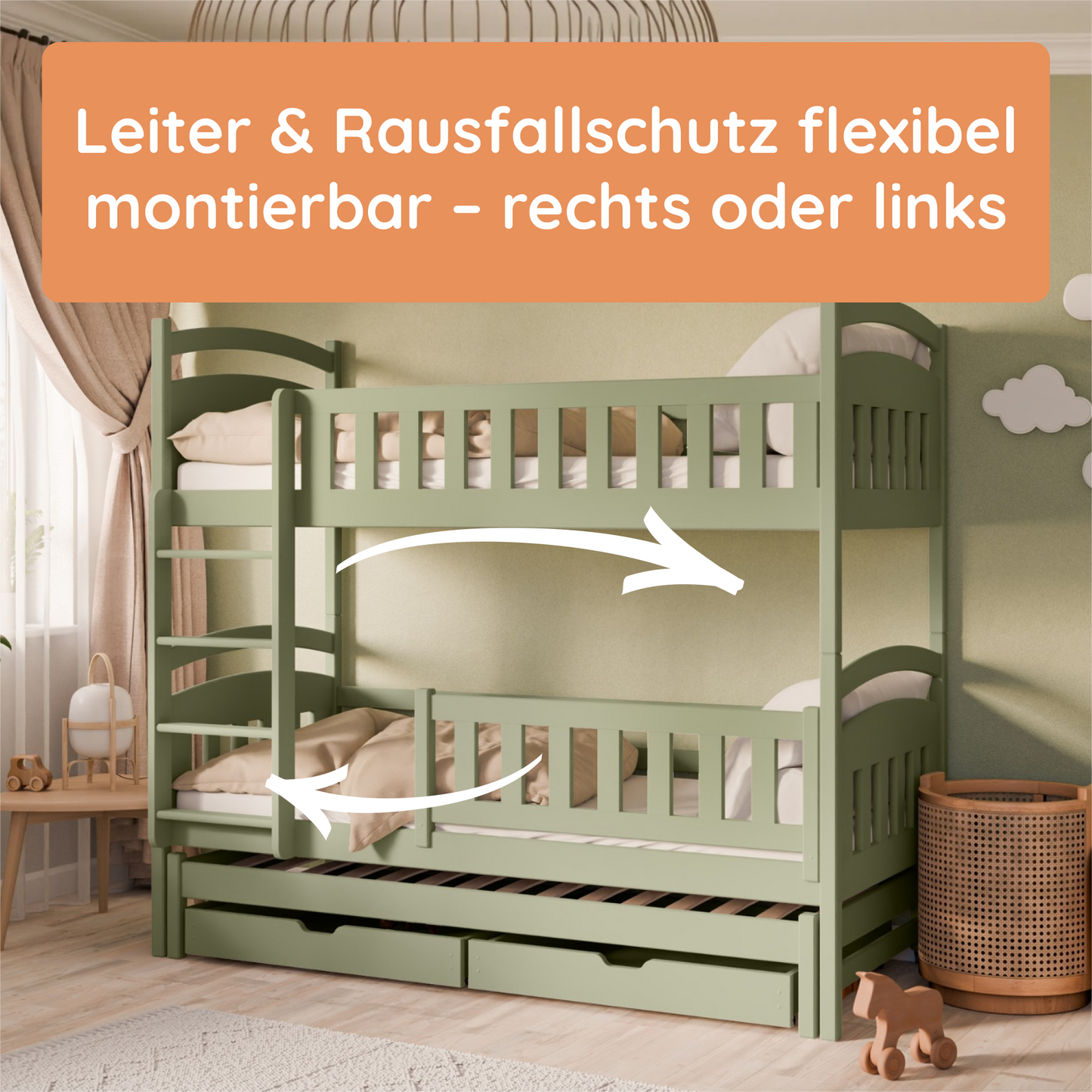 Hochbett 90x200 Etagenbett Kinderbett Jugendbett Stockbett 3 Kinder, zwei Schubladen & Rausfallschutz Kinder Bett umbaubar in 3 Einzelbetten | von 4. bis 18. Lebensjahr | inkl. Lattenrosten