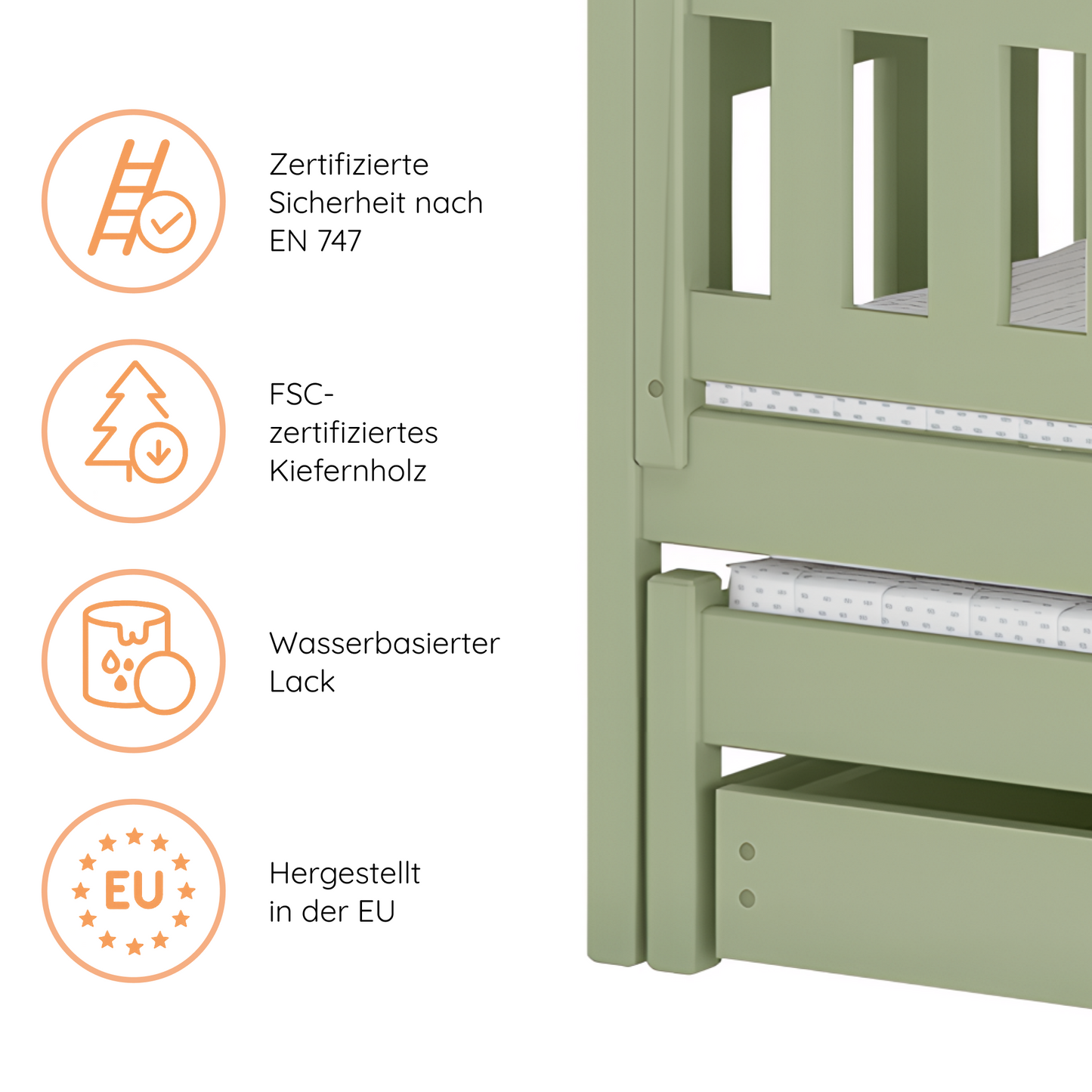 Hochbett 90x200 Etagenbett Kinderbett Jugendbett Stockbett 3 Kinder, zwei Schubladen & Rausfallschutz Kinder Bett umbaubar in 3 Einzelbetten | von 4. bis 18. Lebensjahr | inkl. Lattenrosten