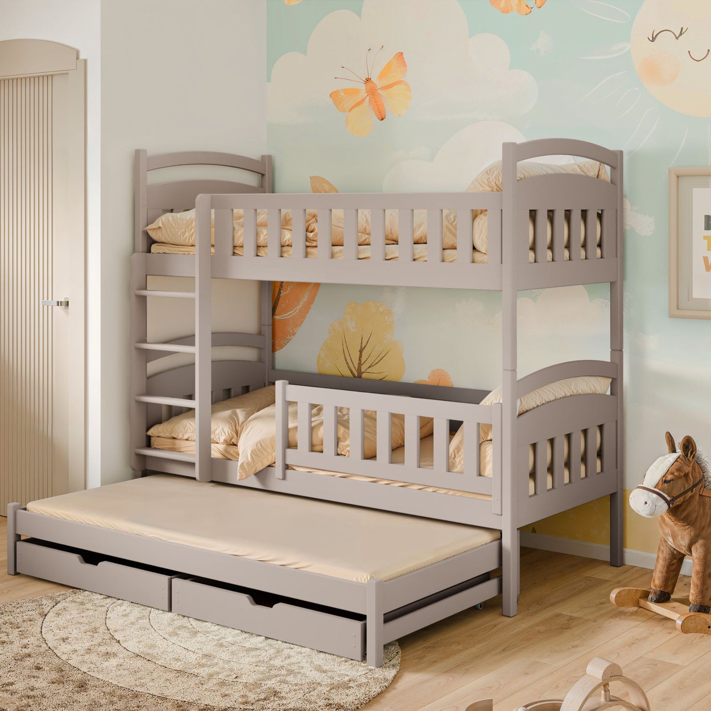Hochbett 90x200 Etagenbett Kinderbett Jugendbett Stockbett 3 Kinder, zwei Schubladen & Rausfallschutz Kinder Bett umbaubar in 3 Einzelbetten | von 4. bis 18. Lebensjahr | inkl. Lattenrosten