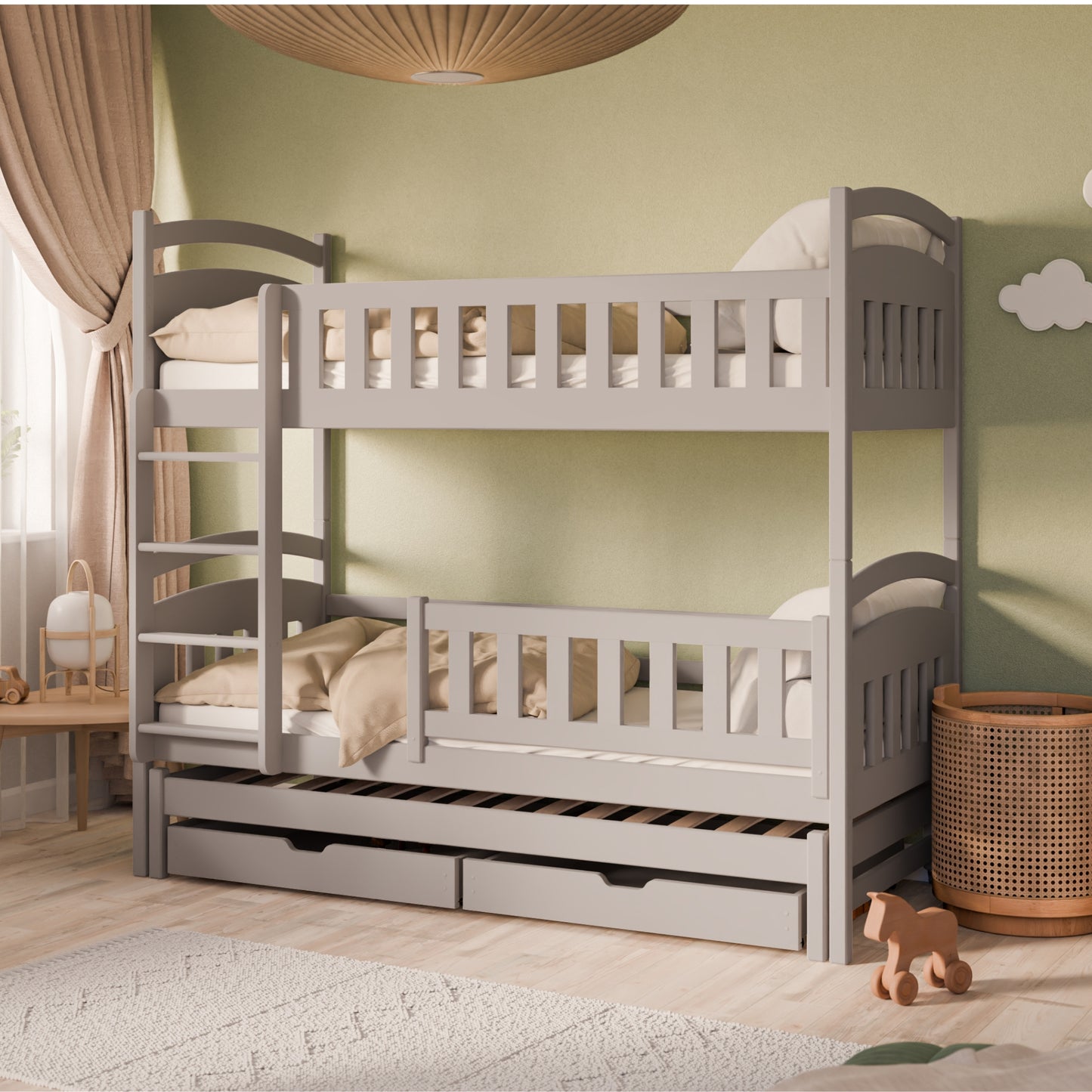 Hochbett 90x200 Etagenbett Kinderbett Jugendbett Stockbett 3 Kinder, zwei Schubladen & Rausfallschutz Kinder Bett umbaubar in 3 Einzelbetten | von 4. bis 18. Lebensjahr | inkl. Lattenrosten