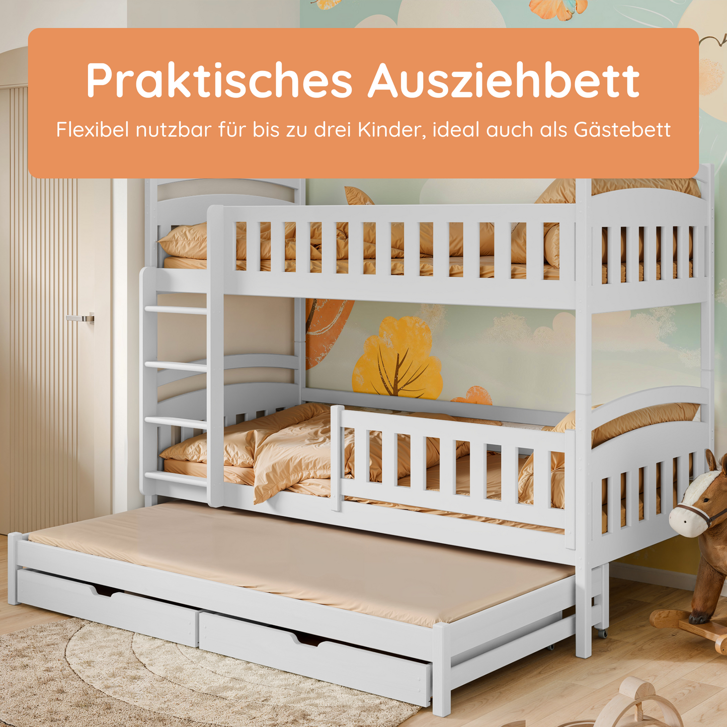 Hochbett 90x200 Etagenbett Kinderbett Jugendbett Stockbett 3 Kinder, zwei Schubladen & Rausfallschutz Kinder Bett umbaubar in 3 Einzelbetten | von 4. bis 18. Lebensjahr | inkl. Lattenrosten
