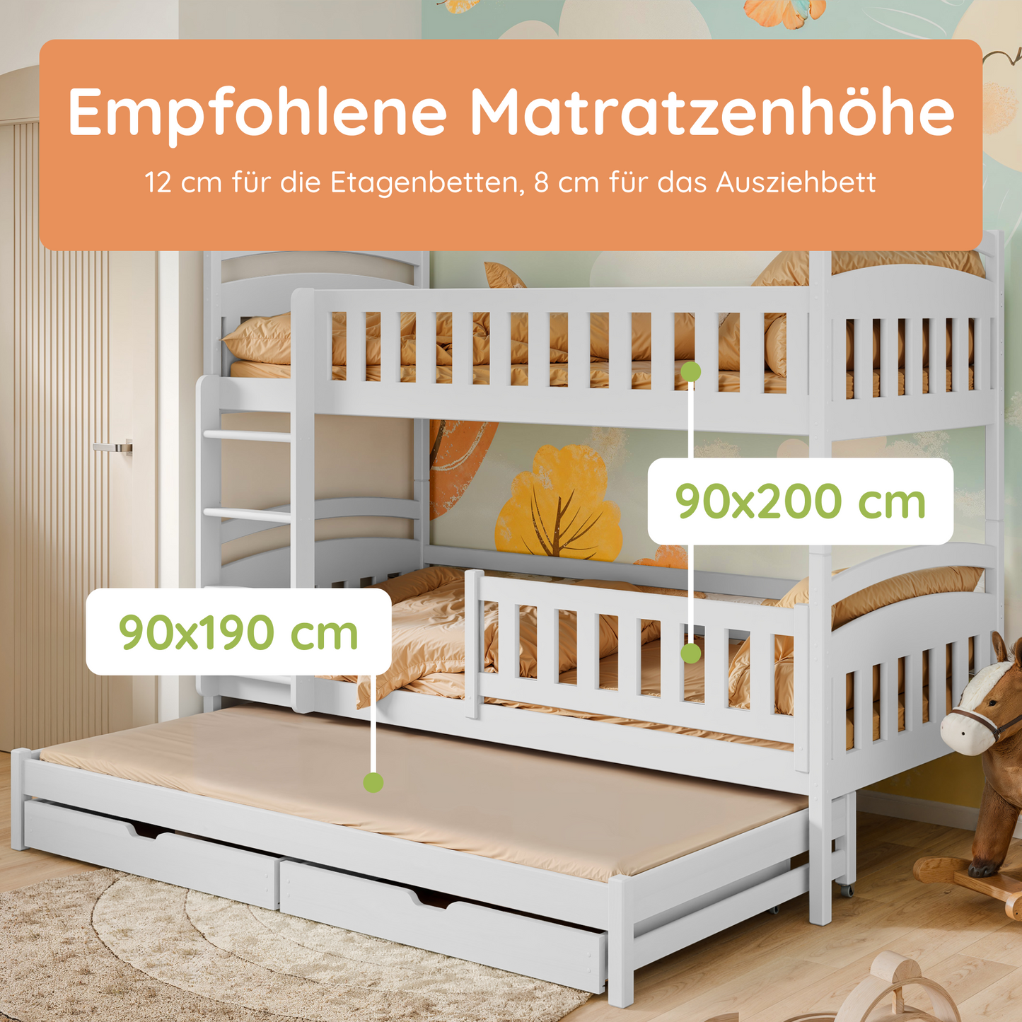 Hochbett 90x200 Etagenbett Kinderbett Jugendbett Stockbett 3 Kinder, zwei Schubladen & Rausfallschutz Kinder Bett umbaubar in 3 Einzelbetten | von 4. bis 18. Lebensjahr | inkl. Lattenrosten