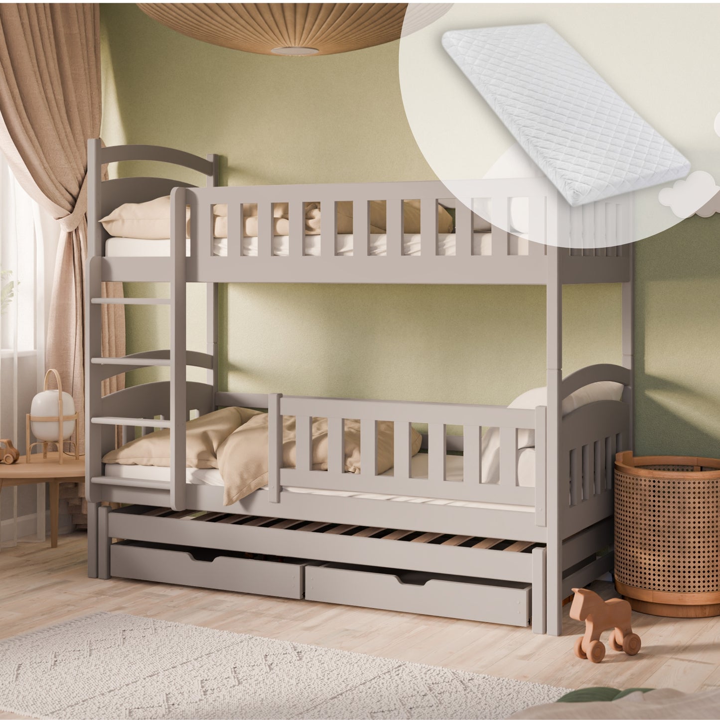 Hochbett 90x200 Etagenbett Kinderbett Jugendbett Stockbett 3 Kinder, zwei Schubladen & Rausfallschutz Kinder Bett umbaubar in 3 Einzelbetten | von 4. bis 18. Lebensjahr | inkl. Lattenrosten