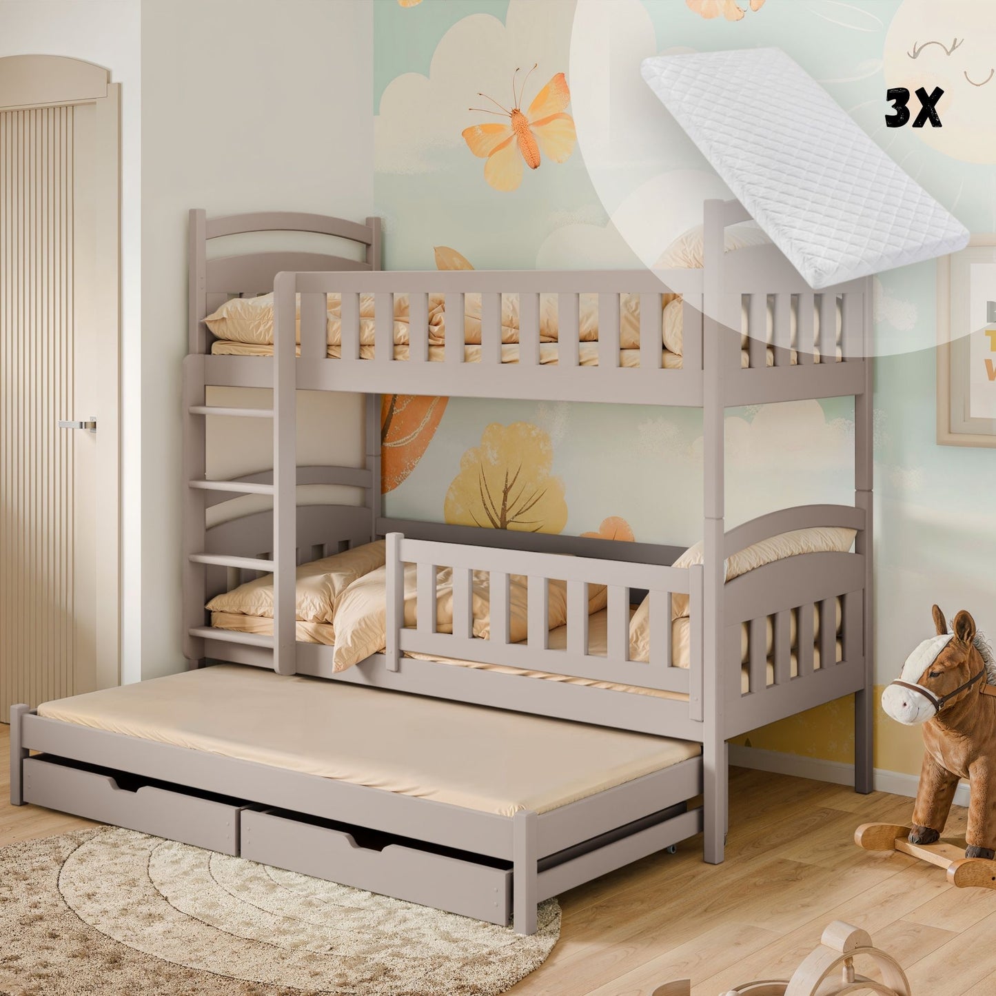 Hochbett 90x200 Etagenbett Kinderbett Jugendbett Stockbett 3 Kinder, zwei Schubladen & Rausfallschutz Kinder Bett umbaubar in 3 Einzelbetten | von 4. bis 18. Lebensjahr | inkl. Lattenrosten