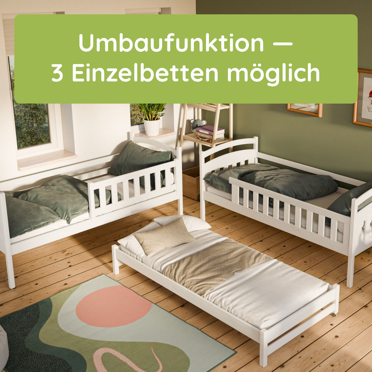 Hochbett 90x200 Etagenbett Kinderbett Jugendbett Stockbett 3 Kinder, zwei Schubladen & Rausfallschutz Kinder Bett umbaubar in 3 Einzelbetten | von 4. bis 18. Lebensjahr | inkl. Lattenrosten