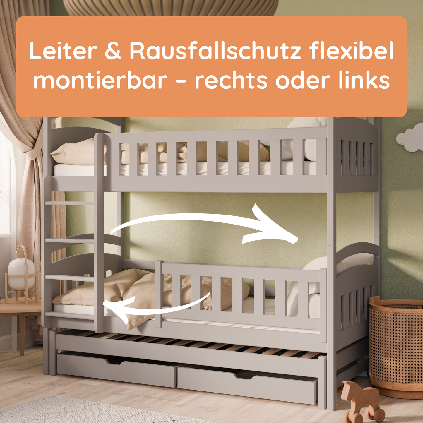 Hochbett 90x200 Etagenbett Kinderbett Jugendbett Stockbett 3 Kinder, zwei Schubladen & Rausfallschutz Kinder Bett umbaubar in 3 Einzelbetten | von 4. bis 18. Lebensjahr | inkl. Lattenrosten