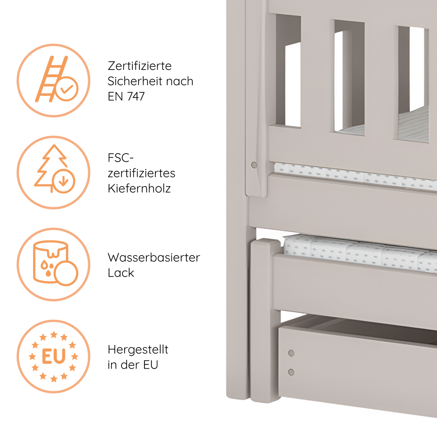 Hochbett 90x200 Etagenbett Kinderbett Jugendbett Stockbett 3 Kinder, zwei Schubladen & Rausfallschutz Kinder Bett umbaubar in 3 Einzelbetten | von 4. bis 18. Lebensjahr | inkl. Lattenrosten