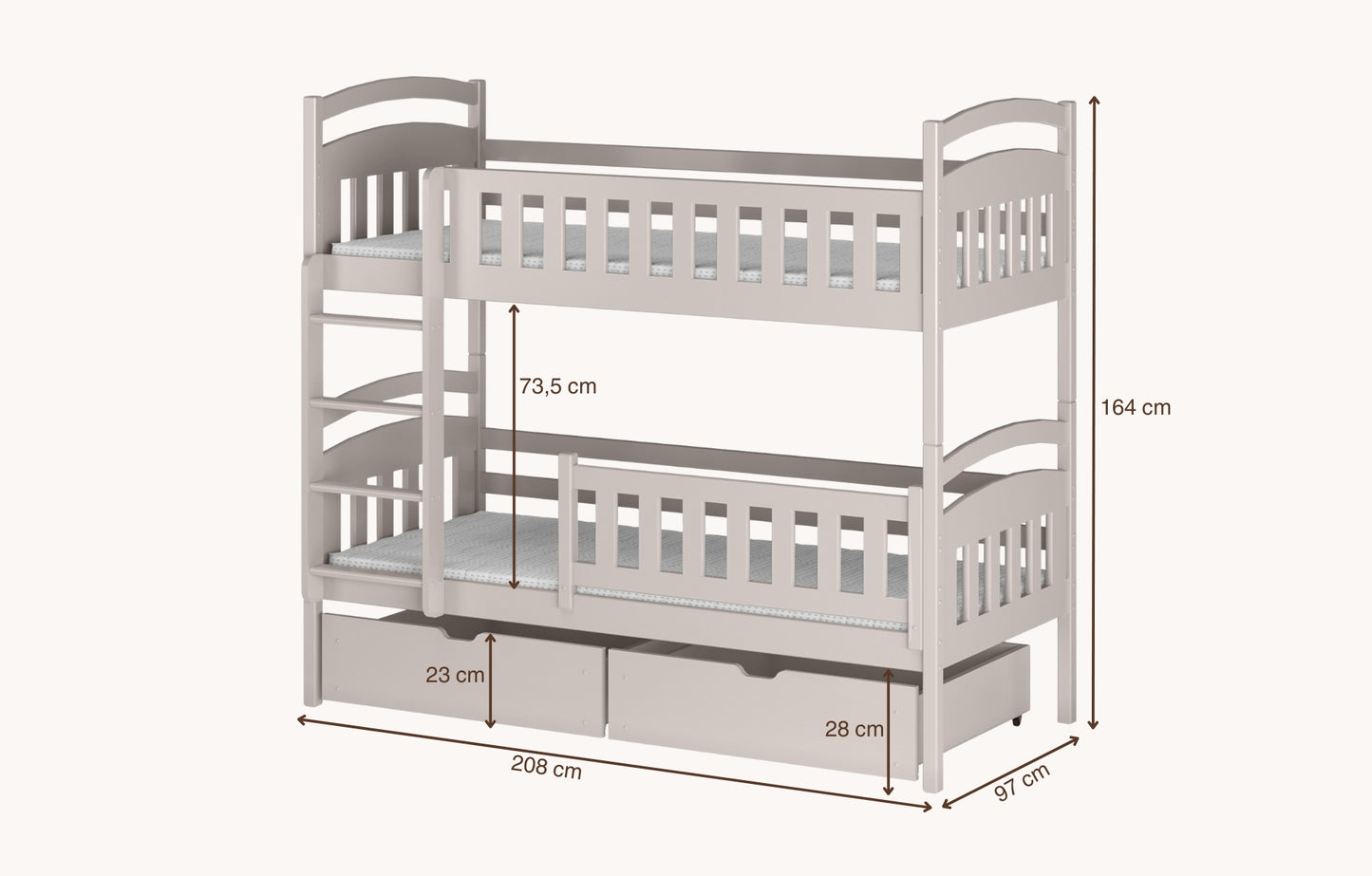 Hochbett 90x200 cm Etagenbett mit zwei Schubladen, Lattenrost, Rausfallschutz, umbaubar in zwei Einzelbetten, aus Vollholz massiv, Funktionsbett