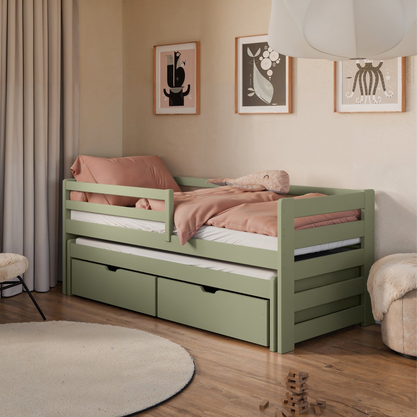 Einzelbett 90x200 cm mit Rausziehbett 90x190 cm mit zwei Matratzen (optional) und zwei Schubladen, Rausfallschutz und Lattenrosten, Vollholz massiv in weiss, Kinderbett Funktionsbett