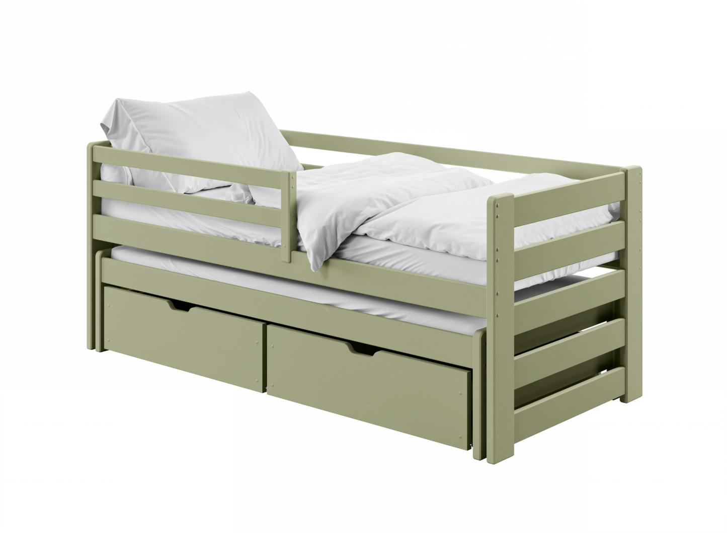 Einzelbett 90x200 cm mit Rausziehbett 90x190 cm mit zwei Matratzen (optional) und zwei Schubladen, Rausfallschutz und Lattenrosten, Vollholz massiv in weiss, Kinderbett Funktionsbett
